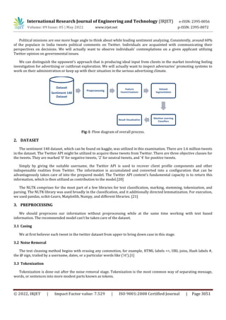 International Research Journal of Engineering and Technology (IRJET) e-ISSN: 2395-0056
Volume: 09 Issue: 05 | May 2022 www.irjet.net p-ISSN: 2395-0072
© 2022, IRJET | Impact Factor value: 7.529 | ISO 9001:2008 Certified Journal | Page 3051
Political missions are one more huge angle to think about while leading sentiment analyzing. Consistently, around 60%
of the populace in India tweets political comments on Twitter. Individuals are acquainted with communicating their
perspectives on decisions. We will actually want to observe individuals' contemplations on a given applicant utilizing
Twitter opinion on governmental issues.
We can distinguish the opponent's approach that is producing ideal input from clients in the market involving feeling
investigation for advertising or cutthroat exploration. We will actually want to inspect adversaries' promoting systems to
work on their administration or keep up with their situation in the serious advertising climate.
Fig-1: Flow diagram of overall process.
2. DATASET
The sentiment 140 dataset, which can be found on kaggle, was utilized in this examination. There are 1.6 million tweets
in the dataset. The Twitter API might be utilized to acquire these tweets from Twitter. There are three objective classes for
the tweets. They are marked '0' for negative tweets, '2' for neutral tweets, and '4' for positive tweets.
Simply by giving the suitable username, the Twitter API is used to recover client profile components and other
indispensable realities from Twitter. The information is accumulated and converted into a configuration that can be
advantageously taken care of into the prepared model. The Twitter API content's fundamental capacity is to return this
information, which is then utilized as contribution to the model.[20]
The NLTK comprises for the most part of a few libraries for text classification, marking, stemming, tokenization, and
parsing. The NLTK library was used broadly in the classification, and it additionally directed lemmatization. For execution,
we used pandas, scikit-Learn, Matplotlib, Numpy, and different libraries. [21]
3. PREPROCESSING
We should preprocess our information without preprocessing while at the same time working with text based
information. The recommended model can't be taken care of the dataset.
3.1 Casing
We at first believer each tweet in the twitter dataset from upper to bring down case in this stage.
3.2 Noise Removal
The text cleaning method begins with erasing any commotion, for example, HTML labels <>, URL joins, Hash labels #,
the @ sign, trailed by a username, dates, or a particular words like ('rt').[1]
3.3 Tokenization
Tokenization is done out after the noise removal stage. Tokenization is the most common way of separating message,
words, or sentences into more modest parts known as tokens.
Dataset
Sentiment 140
Dataset
Preprcoessing
Feature
Vectoririzationn
Dataset
Segmentation
Machine Learning
Classifiers
Result Visualization
 