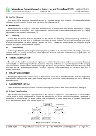 International Research Journal of Engineering and Technology (IRJET) e-ISSN: 2395-0056
Volume: 09 Issue: 05 | May 2022 www.irjet.net p-ISSN: 2395-0072
© 2022, IRJET | Impact Factor value: 7.529 | ISO 9001:2008 Certified Journal | Page 3052
3.4 Stop Word Removal
Stop words will be words that are routinely utilized in a language however have little effect. The tokenized words for
each tweet were then handled for stop word evacuation after tokenization. [2]
3.5 Normalization
The Normalization technique is a vital stage in preprocessing. Standardization is the method involved with changing
over an assortment of words into a more coherent request. The calculation accomplishes a more exact order by changing
the words over to a standard configuration. [3]
3.5.1 Stemming
In this stage, the Porters Stemmer Algorithm will be utilized. The stemming technique's primary objective is to
separate a word into its stem word or root word. Consider the drawings above for instance. The stem word "wait" might
be utilized to change over the words "waiting", "waited" and "waits." "Computing" "computerized" and "computer" may be
generally decreased to their stem word, "compute".
3.5.2 Lemmatization
In this stage, the word goes through a kind of progress to get back to its unique structure. For example, 'drove' was
renamed 'drive,' and 'driving' was renamed 'drive.' The name WordNetLemmatizer is utilized in this stage to depict the
lemmatization interaction. [4]
4. FEATURE VECTORIZATION
To work on the model's computational rightness, we utilized term frequency and inverse document frequency
vectorizer [22].The Term Frequency-Inverse Document Frequency Vectorizer is a capacity or procedure for changing
textual information over to numeric information design. We should manage numeric information in the AI model; along
these lines we use a Term Frequency-Inverse Document Frequency Vectorizer to change our text based input over to
numeric information.
5. DATASET SEGMENTATION
Preceding taking care of the utilized dataset to the model, we should isolate it into two essential parts: the preparation
dataset and the testing dataset, with a general parcel proportion of 80% of the dataset for training and 20% of the testing
dataset for testing.
6. CLASSIFICATION MODELS
Order in AI, there is different classifiers accessible for arrangement; some of them are examined above in this part.
6.1 Decision Trees Classifier
This classifier creates decides in English expressions that are easy to comprehend. Decision trees can be utilized to take
care of issues including arrangement or relapse. No presumptions are made about the fundamental conveyance of
information in Decision trees. The model's shape isn't foreordained; all things being equal, it squeezes into the best
practical arrangement relying upon the information. [5]
Fig-2: Decision Tree Classifier. [6]
 