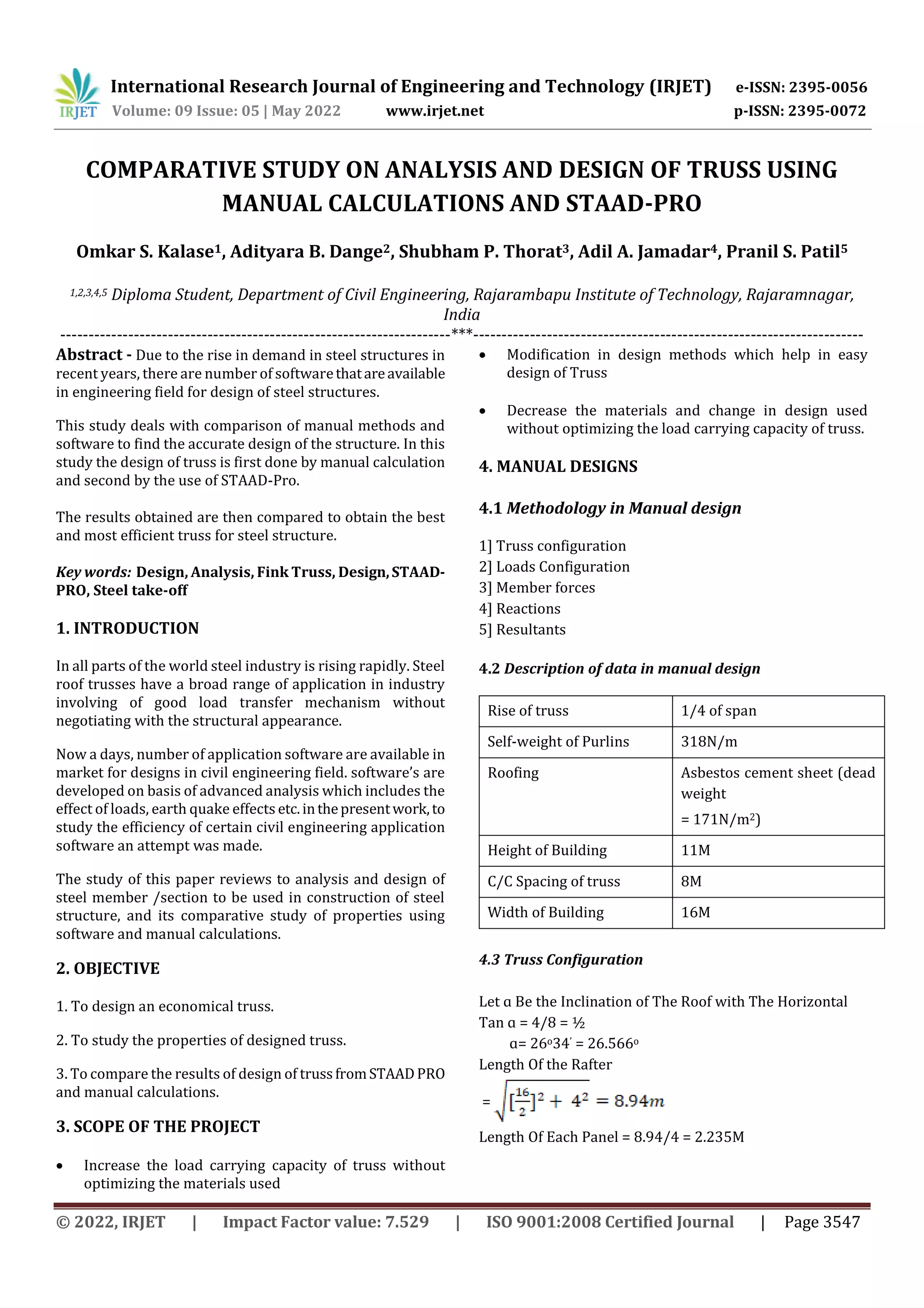 COMPARATIVE STUDY ON ANALYSIS AND DESIGN OF TRUSS USING MANUAL ...
