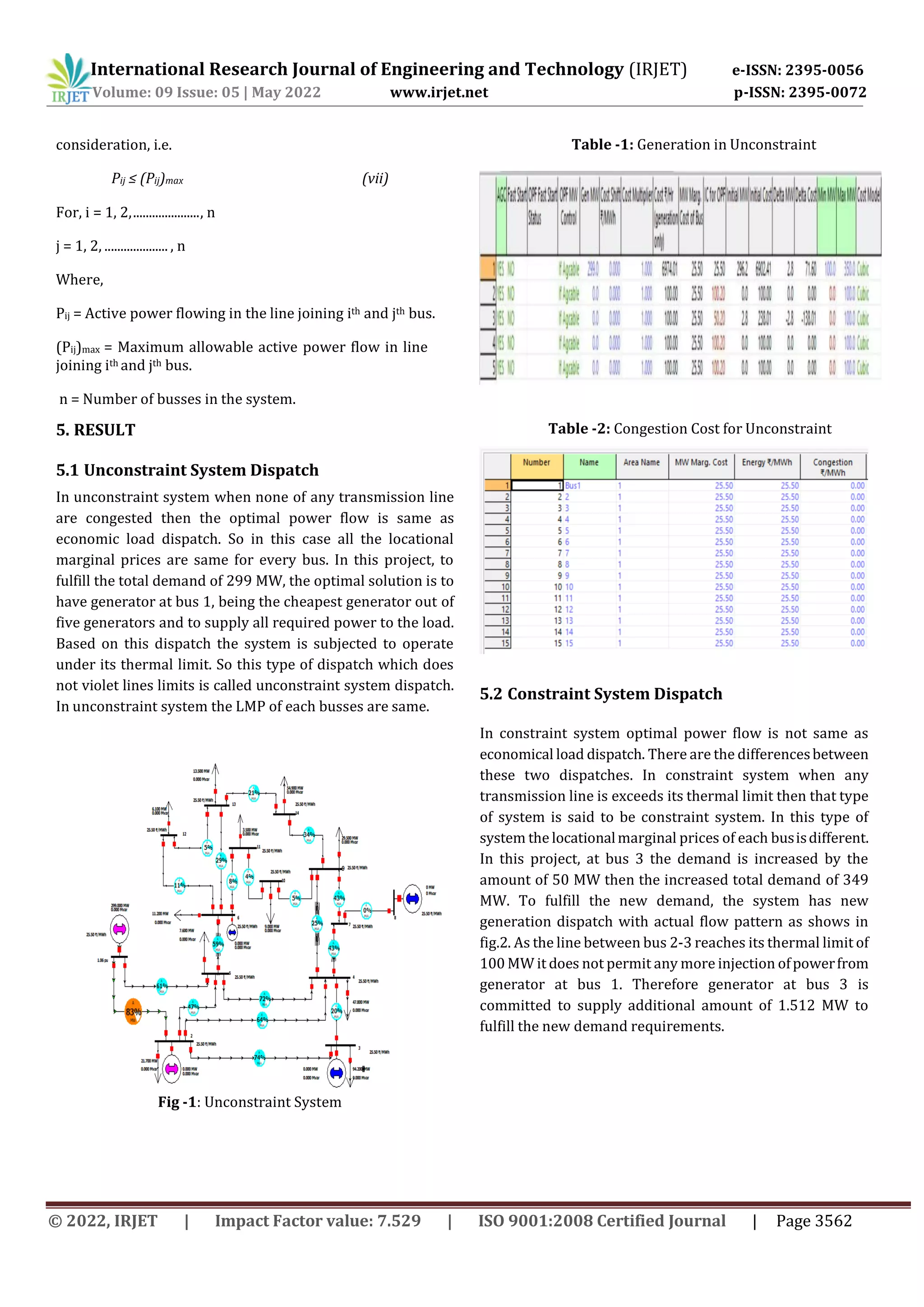 International Research Journal of Engineering and Technology (IRJET) e-ISSN: 2395-0056
Volume: 09 Issue: 05 | May 2022 www.irjet.net p-ISSN: 2395-0072
© 2022, IRJET | Impact Factor value: 7.529 | ISO 9001:2008 Certified Journal | Page 3562
consideration, i.e.
Pij ≤ (Pij)max (vii)
For, i = 1, 2,....................., n
j = 1, 2, .................... , n
Where,
Pij = Active power flowing in the line joining ith and jth bus.
(Pij)max = Maximum allowable active power flow in line
joining ith and jth bus.
n = Number of busses in the system.
5. RESULT
5.1 Unconstraint System Dispatch
In unconstraint system when none of any transmission line
are congested then the optimal power flow is same as
economic load dispatch. So in this case all the locational
marginal prices are same for every bus. In this project, to
fulfill the total demand of 299 MW, the optimal solution is to
have generator at bus 1, being the cheapest generator out of
five generators and to supply all required power to the load.
Based on this dispatch the system is subjected to operate
under its thermal limit. So this type of dispatch which does
not violet lines limits is called unconstraint system dispatch.
In unconstraint system the LMP of each busses are same.
Fig -1: Unconstraint System
Table -1: Generation in Unconstraint
Table -2: Congestion Cost for Unconstraint
5.2 Constraint System Dispatch
In constraint system optimal power flow is not same as
economical load dispatch. There are the differencesbetween
these two dispatches. In constraint system when any
transmission line is exceeds its thermal limit then that type
of system is said to be constraint system. In this type of
system the locationalmarginal prices of each busisdifferent.
In this project, at bus 3 the demand is increased by the
amount of 50 MW then the increased total demand of 349
MW. To fulfill the new demand, the system has new
generation dispatch with actual flow pattern as shows in
fig.2. As the line between bus 2-3 reaches its thermal limit of
100 MW it does not permit any more injection ofpowerfrom
generator at bus 1. Therefore generator at bus 3 is
committed to supply additional amount of 1.512 MW to
fulfill the new demand requirements.
 