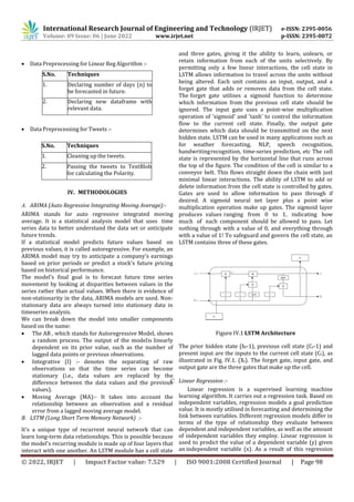 International Research Journal of Engineering and Technology (IRJET) e-ISSN: 2395-0056
Volume: 09 Issue: 06 | June 2022 www.irjet.net p-ISSN: 2395-0072
© 2022, IRJET | Impact Factor value: 7.529 | ISO 9001:2008 Certified Journal | Page 98
 Data Preprocessing for Linear Reg Algorithm :-
S.No. Techniques
1. Declaring number of days (n) to
be forecasted in future.
2. Declaring new dataframe with
relevant data.
 Data Preprocessing for Tweets :-
IV. METHODOLOGIES
A. ARIMA (Auto Regressive Integrating Moving Average):-
ARIMA stands for auto regressive integrated moving
average. It is a statistical analysis model that uses time
series data to better understand the data set or anticipate
future trends.
If a statistical model predicts future values based on
previous values, it is called autoregressive. For example, an
ARIMA model may try to anticipate a company's earnings
based on prior periods or predict a stock's future pricing
based on historical performance.
The model's final goal is to forecast future time series
movement by looking at disparities between values in the
series rather than actual values. When there is evidence of
non-stationarity in the data, ARIMA models are used. Non-
stationary data are always turned into stationary data in
timeseries analysis.
We can break down the model into smaller components
based on the name:
 The AR , which stands for Autoregressive Model, shows
a random process. The output of the modelis linearly
dependent on its prior value, such as the number of
lagged data points or previous observations.
 Integrative (I) :- denotes the separating of raw
observations so that the time series can become
stationary (i.e., data values are replaced by the
difference between the data values and the previous
values).
 Moving Average (MA):- It takes into account the
relationship between an observation and a residual
error from a lagged moving average model.
B. LSTM (Long Short Term Memory Network) :-
It's a unique type of recurrent neural network that can
learn long-term data relationships. This is possible because
the model's recurring module is made up of four layers that
interact with one another. An LSTM module has a cell state
and three gates, giving it the ability to learn, unlearn, or
retain information from each of the units selectively. By
permitting only a few linear interactions, the cell state in
LSTM allows information to travel across the units without
being altered. Each unit contains an input, output, and a
forget gate that adds or removes data from the cell state.
The forget gate utilises a sigmoid function to determine
which information from the previous cell state should be
ignored. The input gate uses a point-wise multiplication
operation of 'sigmoid' and 'tanh' to control the information
flow to the current cell state. Finally, the output gate
determines which data should be transmitted on the next
hidden state. LSTM can be used in many applications such as
for weather forecasting, NLP, speech recognition,
handwritingrecognition, time-series prediction, etc The cell
state is represented by the horizontal line that runs across
the top of the figure. The condition of the cell is similar to a
conveyor belt. This flows straight down the chain with just
minimal linear interactions. The ability of LSTM to add or
delete information from the cell state is controlled by gates.
Gates are used to allow information to pass through if
desired. A sigmoid neural net layer plus a point wise
multiplication operation make up gates. The sigmoid layer
produces values ranging from 0 to 1, indicating how
much of each component should be allowed to pass. Let
nothing through with a value of 0, and everything through
with a value of 1! To safeguard and govern the cell state, an
LSTM contains three of these gates.
Figure IV.1 LSTM Architecture
The prior hidden state (ht-1), previous cell state (Ct-1) and
present input are the inputs to the current cell state (Ct), as
illustrated in Fig. IV.1. (Xt). The forget gate, input gate, and
output gate are the three gates that make up the cell.
C. Linear Regression :-
Linear regression is a supervised learning machine
learning algorithm. It carries out a regression task. Based on
independent variables, regression models a goal prediction
value. It is mostly utilised in forecasting and determining the
link between variables. Different regression models differ in
terms of the type of relationship they evaluate between
dependent and independent variables, as well as the amount
of independent variables they employ. Linear regression is
used to predict the value of a dependent variable (y) given
an independent variable (x). As a result of this regression
S.No. Techniques
1. Cleaning up the tweets.
2. Passing the tweets to TextBlob
for calculating the Polarity.
 