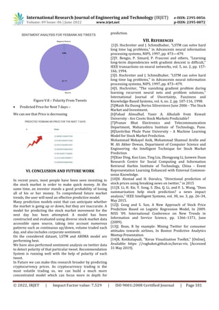 International Research Journal of Engineering and Technology (IRJET) e-ISSN: 2395-0056
Volume: 09 Issue: 06 | June 2022 www.irjet.net p-ISSN: 2395-0072
© 2022, IRJET | Impact Factor value: 7.529 | ISO 9001:2008 Certified Journal | Page 101
Figure V.8 :- Polarity From Tweets
 Predicted Price for Next 7 days :-
We can see that Price is decreasing
VI. CONCLUSION AND FUTURE WORK
In recent years, most people have been seen investing in
the stock market in order to make quick money. At the
same time, an investor stands a good probability of losing
all of his or her money. To comprehend future market
trends, the user will need an effective predictive model.
Many prediction models exist that can anticipate whether
the market is going up or down, but they are inaccurate. A
model for predicting the stock market movement for the
next day has been attempted. A model has been
constructed and evaluated using diverse stock market data
accessible open source, taking into account numerous
patterns such as continuous up/down, volume traded each
day, and also includes corporate sentiment.
On the considered dataset, LSTM and ARIMA model are
performing best.
We have also performed sentiment analysis on twitter data
to detect polarity of that particular tweet. Recommendation
System is running well with the help of polarity of each
tweet.
In Future we can make this research broader by predicting
cryptocurrency prices. As cryptocurrency trading is the
most volatile trading so, we can build a much more
concentrated model which can focus more in depth for
prediction.
VII. REFERENCES
[1]S. Hochreiter and J. Schmidhuber, "LSTM can solve hard
long time lag problems," in Advancesin neural information
processing systems, NIPS, 1997, pp. 473—479.
[2]Y. Bengio, P. Simard, P. Frasconi and others, "Learning
long-term dependencies with gradient descent is difficult,"
IEEE transactions on neural networks, vol. 5, no. 2, pp. 157-
166, 1994.
[3]S. Hochreiter and J. Schmidhuber, "LSTM can solve hard
long time lag problems," in Advancesin neural information
processing systems, NIPS, 1997, pp. 473--479.
[4]S. Hochreiter, "The vanishing gradient problem during
learning recurrent neural nets and problem solutions,"
International Journal of Uncertainty, Fuzziness and
Knowledge-Based Systems, vol. 6, no. 2, pp. 107-116, 1998.
[5]Manh Ha Duong Boriss Siliverstovs June 2006 - The Stock
Market and Investment.
[6]Fahad Almudhaf, Yaser A. Alkulaib from Kuwait
University - Are Civets Stock Markets Predictable?
[7]Pranav Bhat Electronics and Telecommunication
Department, Maharashtra Institute of Technology, Pune.
[8]Savitribai Phule Pune University - A Machine Learning
Model for Stock Market Prediction.
Mohammad Mekayel Anik, Mohammad Shamsul Arefin and
M. Ali Akber Dewan, Department of Computer Science and
Engineering -An Intelligent Technique for Stock Market
Prediction
[9]Xiao Ding, Kuo Liao, Ting Liu, Zhongyang Li, Junwen Duan
Research Centre for Social Computing and Information
Retrieval Harbin Institute of Technology, China - Event
Representation Learning Enhanced with External Common-
sense Knowledge.
[10]H. Alostad and H. Davulcu, “Directional prediction of
stock prices using breaking news on twitter,” in 2015
[11]X. Li, H. Xie, Y. Song, S. Zhu, Q. Li, and F. L. Wang, “Does
summarization help stock prediction? a news impact
analysis,” IEEE Intelligent Systems, vol. 30, no. 3, pp. 26–34,
May 2015.
[12]J. Gong and S. Sun, A New Approach of Stock Price
Prediction Based on Logistic Regression Model, In 2009.
NISS ’09. International Conference on New Trends in
Information and Service Science, pp. 1366–1371, June
(2009).
[13]J. Bean, R by example: Mining Twitter for consumer
attitudes towards airlines, In Boston Predictive Analytics
Meetup Presentation
[14]R. Kotikalapudi, "Keras Visualization Toolkit," [Online].
Available: https: //raghakot.github.io/keras-vis. [Accessed
31 May 2019].
 