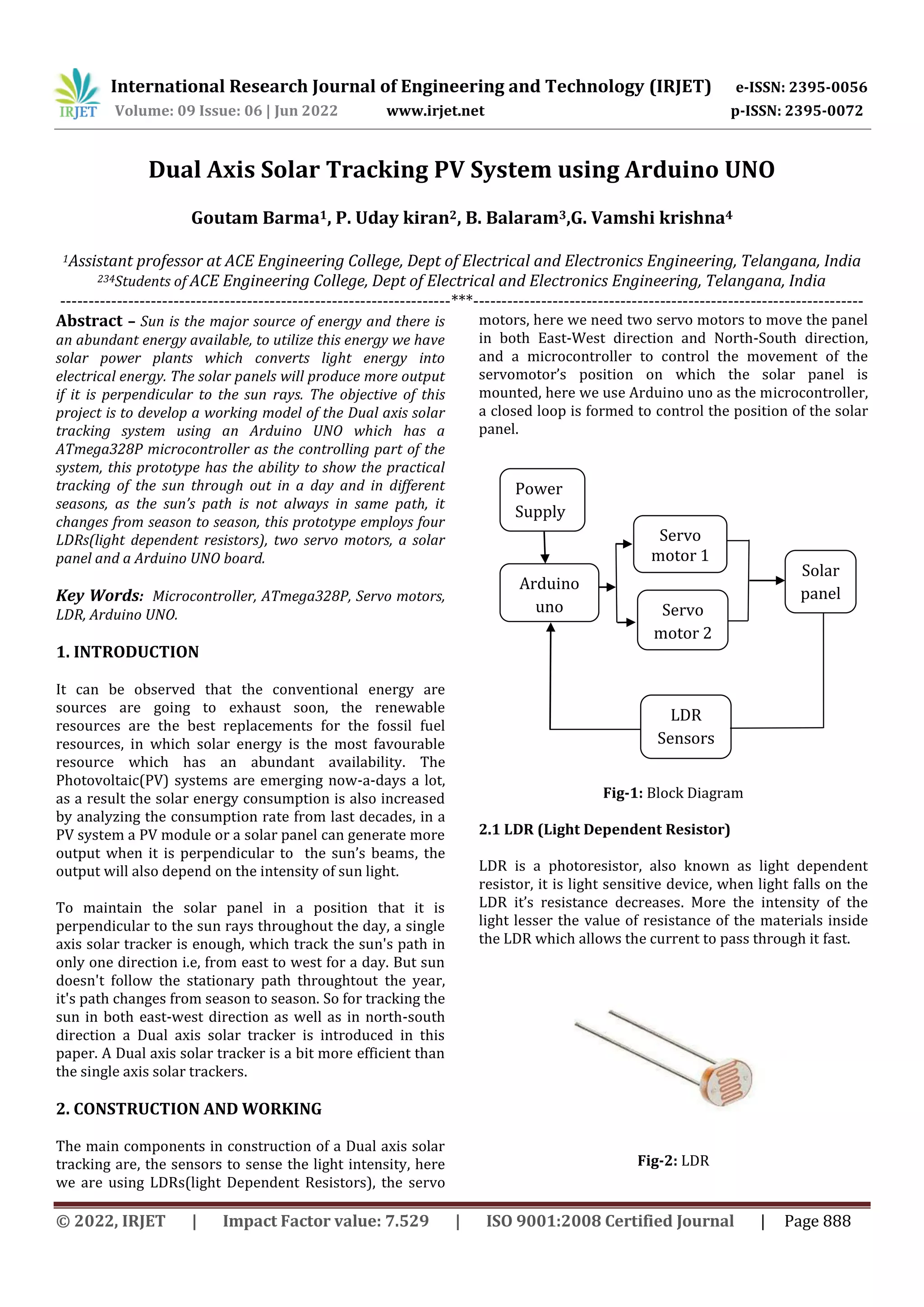 Dual Axis Solar Tracking PV System using Arduino UNO | PDF