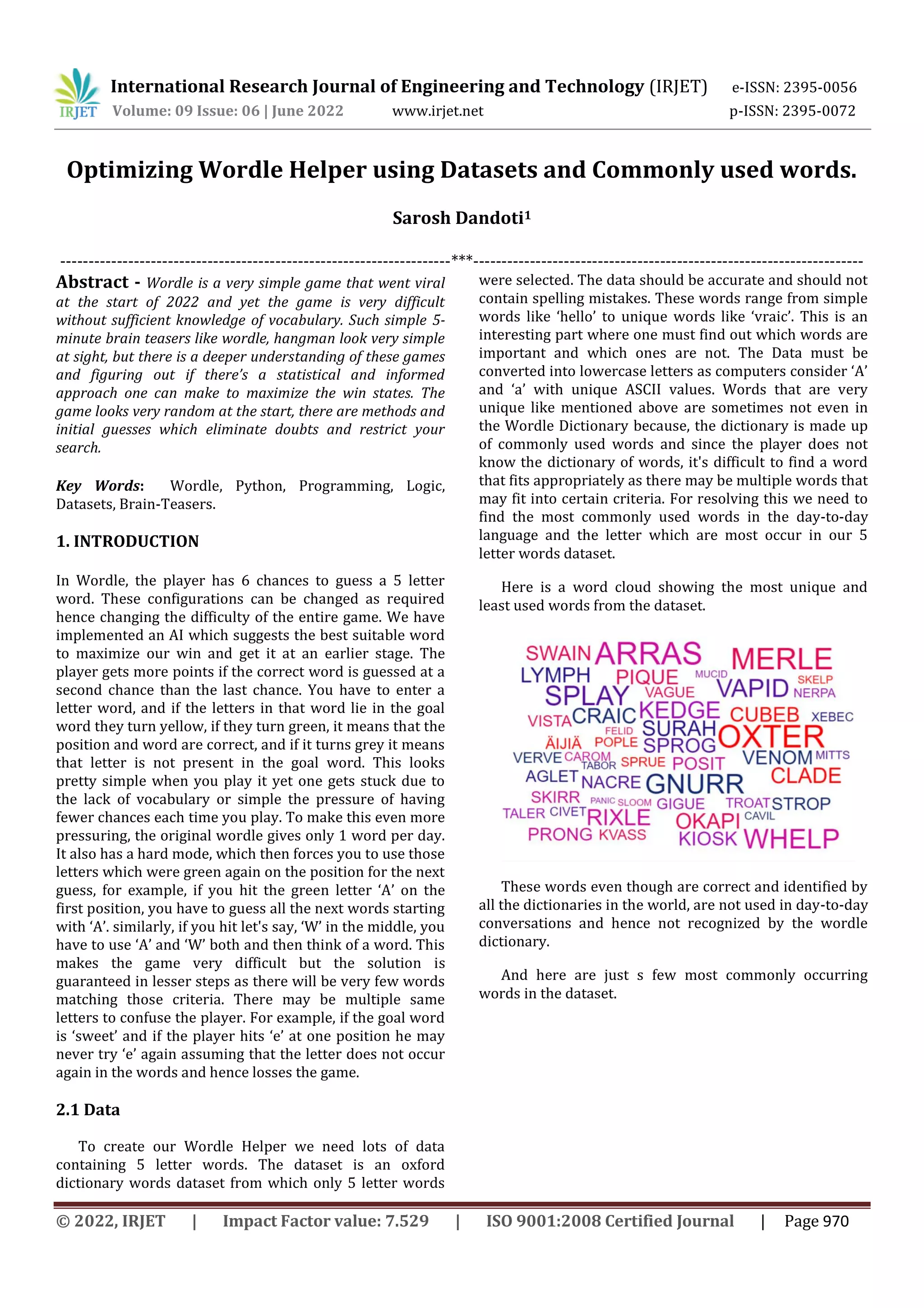 Optimizing Wordle Helper using Datasets and Commonly used words. | PDF