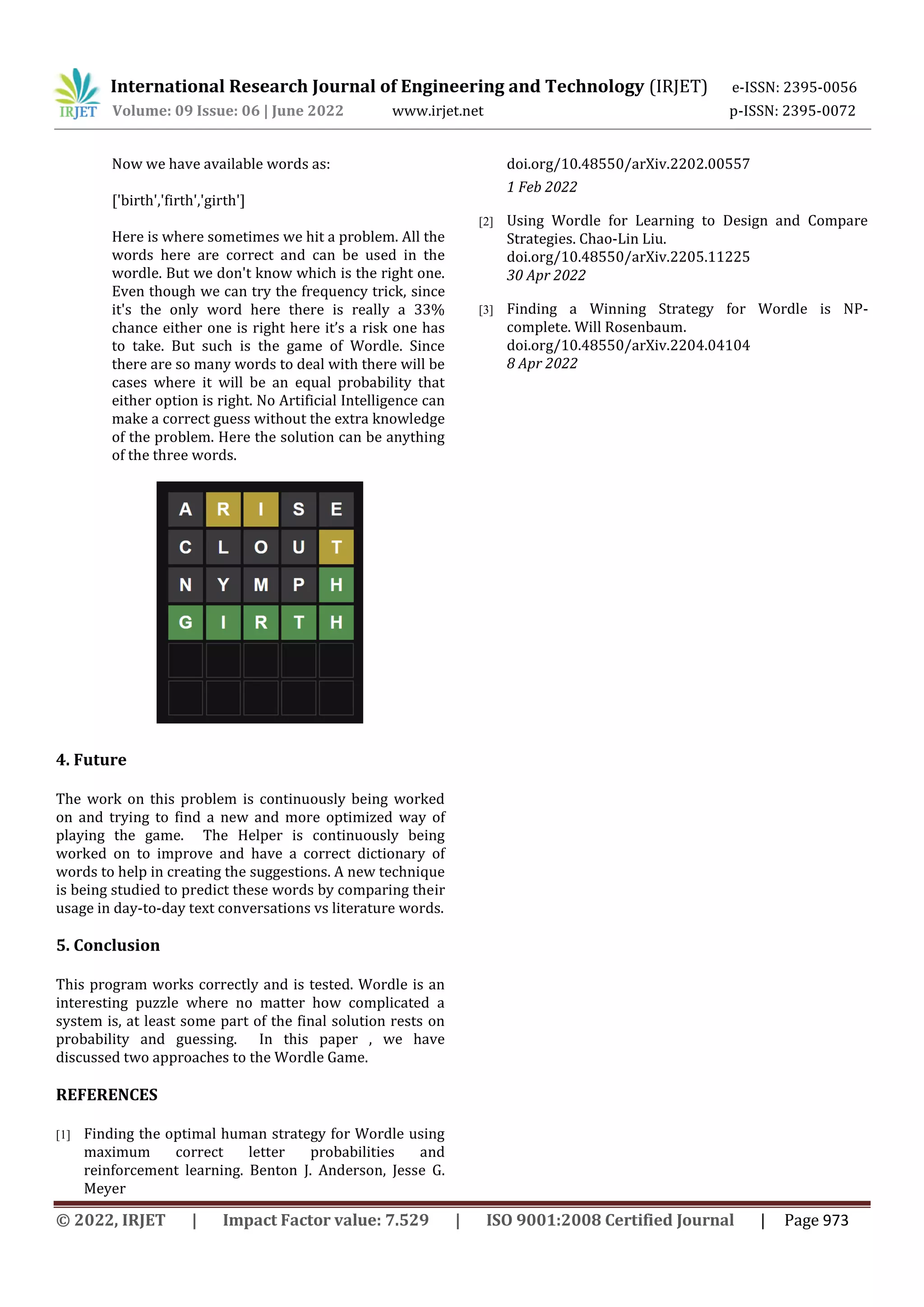 Optimizing Wordle Helper using Datasets and Commonly used words. | PDF