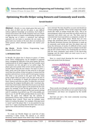 Optimizing Wordle Helper using Datasets and Commonly used words. | PDF image.