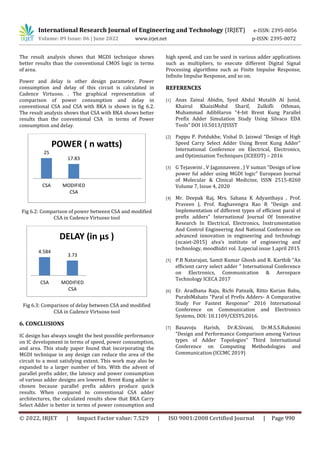International Research Journal of Engineering and Technology (IRJET) e-ISSN: 2395-0056
Volume: 09 Issue: 06 | June 2022 www.irjet.net p-ISSN: 2395-0072
© 2022, IRJET | Impact Factor value: 7.529 | ISO 9001:2008 Certified Journal | Page 990
The result analysis shows that MGDI technique shows
better results than the conventional CMOS logic in terms
of area.
Power and delay is other design parameter. Power
consumption and delay of this circuit is calculated in
Cadence Virtuoso. . The graphical representation of
comparison of power consumption and delay in
conventional CSA and CSA with BKA is shown in fig 6.2.
The result analysis shows that CSA with BKA shows better
results than the conventional CSA in terms of Power
consumption and delay.
Fig 6.2: Comparison of power between CSA and modified
CSA in Cadence Virtuoso tool
Fig 6.3: Comparison of delay between CSA and modified
CSA in Cadence Virtuoso tool
6. CONCLUSIONS
IC design has always sought the best possible performance
on IC development in terms of speed, power consumption,
and area. This study paper found that incorporating the
MGDI technique in any design can reduce the area of the
circuit to a most satisfying extent. This work may also be
expanded to a larger number of bits. With the advent of
parallel prefix adder, the latency and power consumption
of various adder designs are lowered. Brent Kung adder is
chosen because parallel prefix adders produce quick
results. When compared to conventional CSA adder
architectures, the calculated results show that BKA Carry
Select Adder is better in terms of power consumption and
high speed, and can be used in various adder applications
such as multipliers, to execute different Digital Signal
Processing algorithms such as Finite Impulse Response,
Infinite Impulse Response, and so on.
REFERENCES
[1] Anas Zainal Abidin, Syed Abdul Mutalib Al Junid,
Khairul KhaiziMohd Sharif, Zulkifli Othman,
Muhammad AdibHaron “4-bit Brent Kung Parallel
Prefix Adder Simulation Study Using Silvaco EDA
Tools” DOI 10.5013/IJSSST
[2] Pappu P. Potdukhe, Vishal D. Jaiswal “Design of High
Speed Carry Select Adder Using Brent Kung Adder”
International Conference on Electrical, Electronics,
and Optimization Techniques (ICEEOT) – 2016
[3] G Tejaswini , V Jagannaveen , J V suman “Design of low
power ful adder using MGDI logic” European Journal
of Molecular & Clinical Medicine, ISSN 2515-8260
Volume 7, Issue 4, 2020
[4] Mr. Deepak Raj, Mrs. Sahana K Adyanthaya , Prof.
Praveen J, Prof. Raghavengra Rao R “Design and
Implementation of different types of efficient paral el
prefix adders” International Journal Of Innovative
Research In Electrical, Electronics, Instrumentation
And Control Engineering And National Conference on
advanced innovation in engineering and technology
(ncaiet-2015) alva’s institute of engineering and
technology, moodbidri vol. 3,special issue 1,april 2015
[5] P.B Natarajan, Samit Kumar Ghosh and R. Karthik “An
efficient carry select adder ” International Conference
on Electronics, Communication & Aerospace
Technology ICECA 2017
[6] Er. Aradhana Raju, Richi Patnaik, Ritto Kurian Babu,
PurabiMahato “Paral el Prefix Adders- A Comparative
Study For Fastest Response” 2016 International
Conference on Communication and Electronics
Systems, DOI: 10.1109/CESYS.2016.
[7] Basavoju Harish, Dr.K.Sivani, Dr.M.S.S.Rukmini
“Design and Performance Comparison among Various
types of Adder Topologies” Third International
Conference on Computing Methodologies and
Communication (ICCMC 2019)
25
17.83
CSA MODIFIED
CSA
POWER ( n watts)
4.584
3.73
CSA MODIFIED
CSA
DELAY (in µs )
 