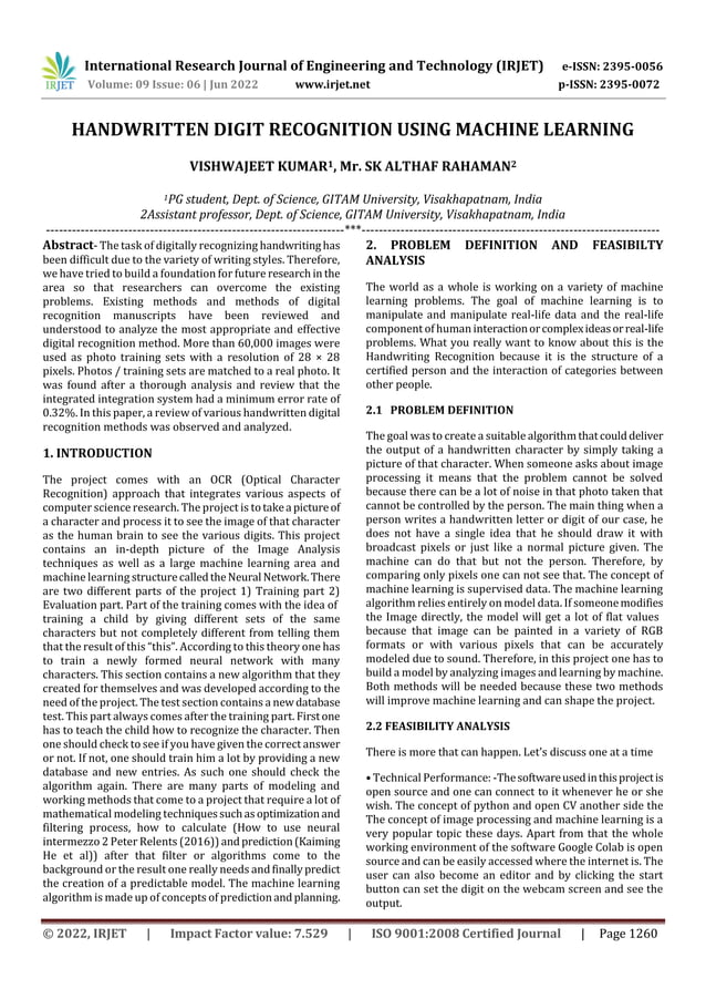 HANDWRITTEN DIGIT RECOGNITION USING MACHINE LEARNING | PDF