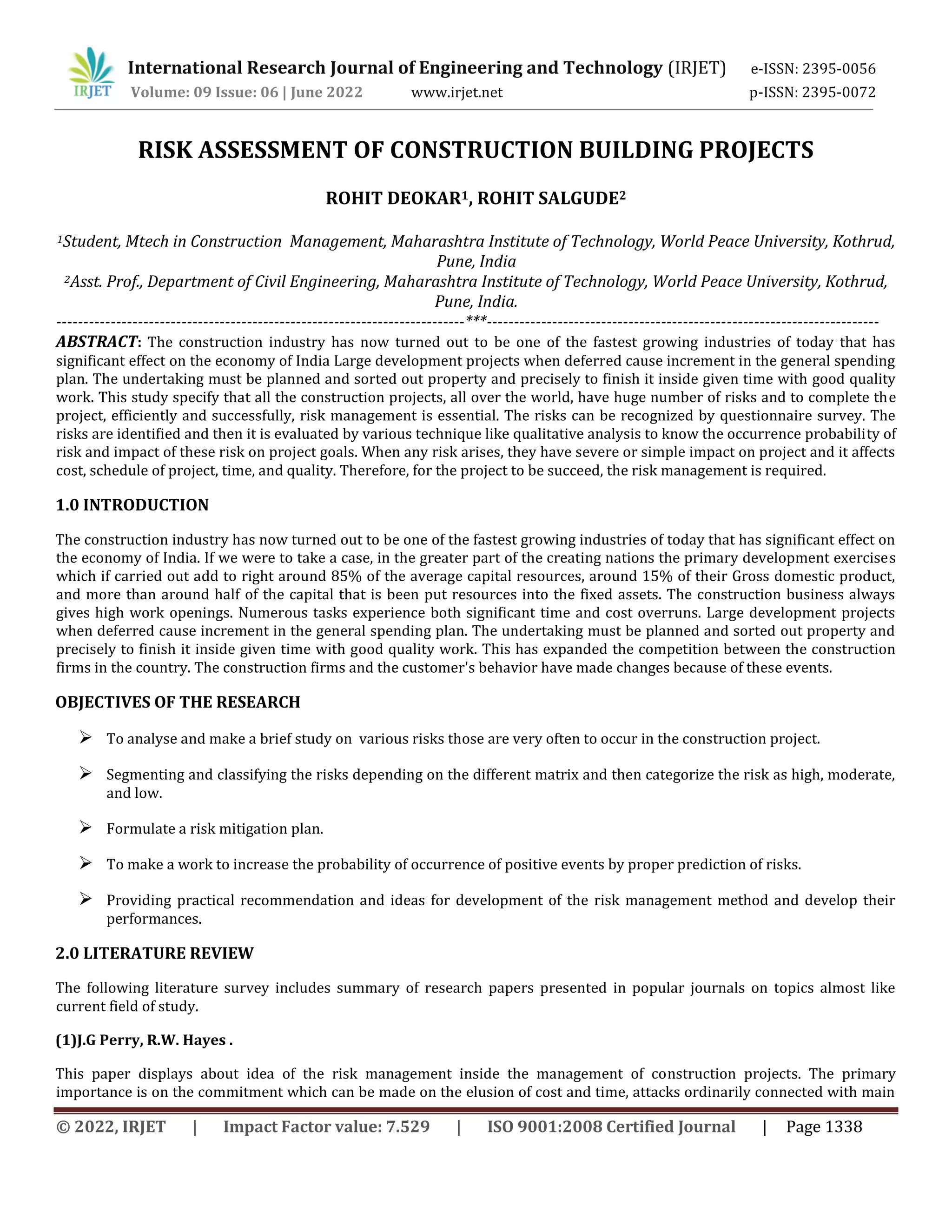 RISK ASSESSMENT OF CONSTRUCTION BUILDING PROJECTS | PDF