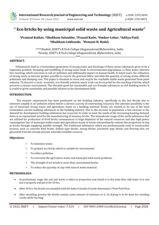 Eco bricks by using municipal solid waste and Agricultural waste | PDF