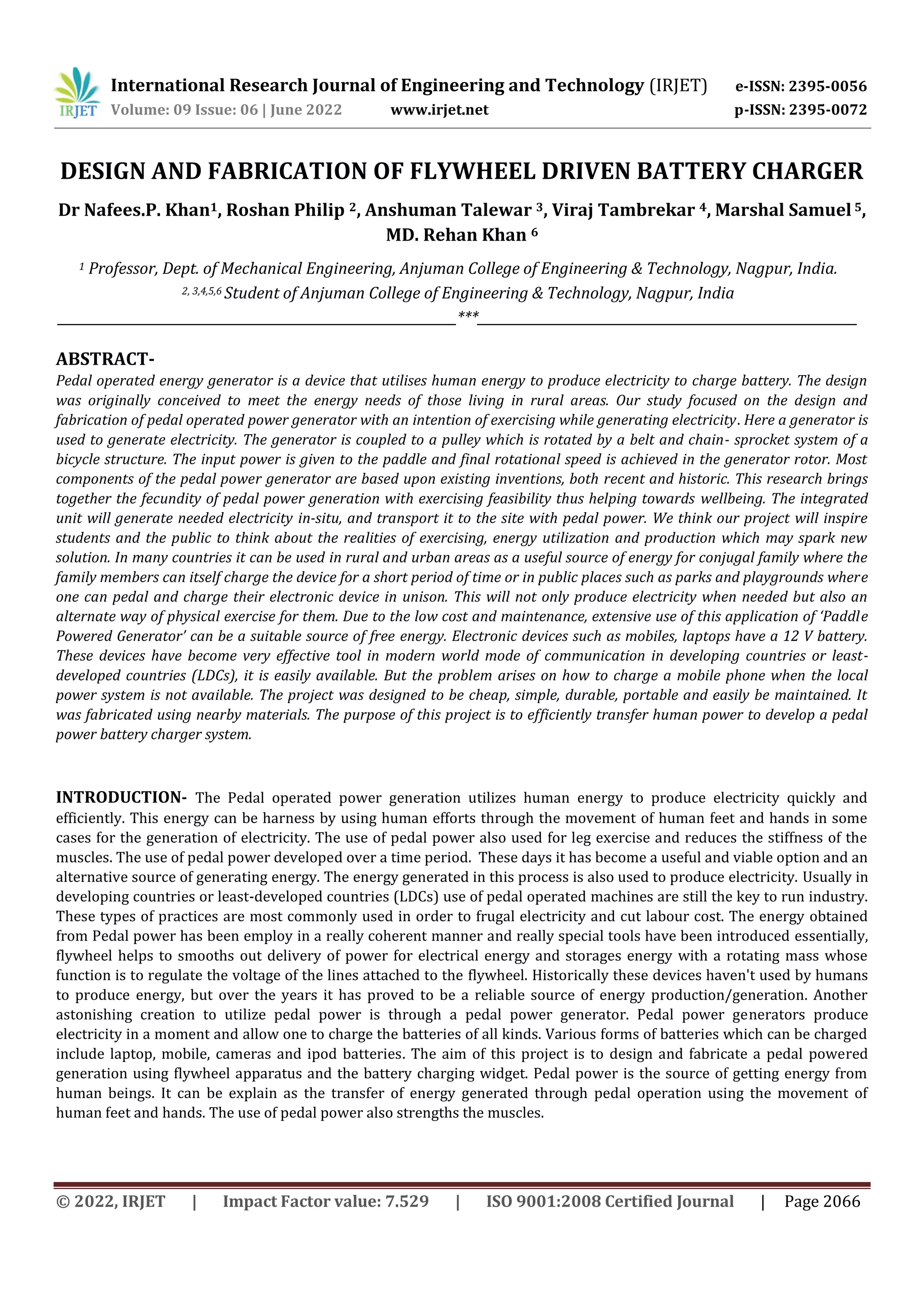 DESIGN AND FABRICATION OF FLYWHEEL DRIVEN BATTERY CHARGER PDF