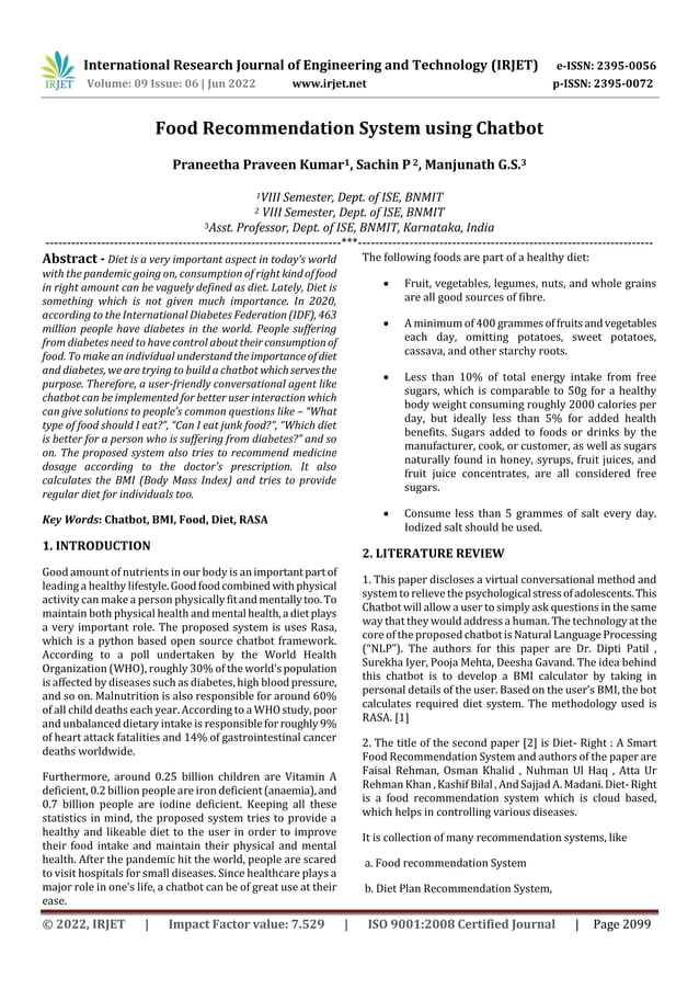 Food Recommendation System using Chatbot | PDF