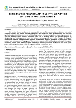 PERFORMANCE OF BEAM COLUMN JOINT WITH GEOPOLYMER MATERIAL BY NON LINEAR ...