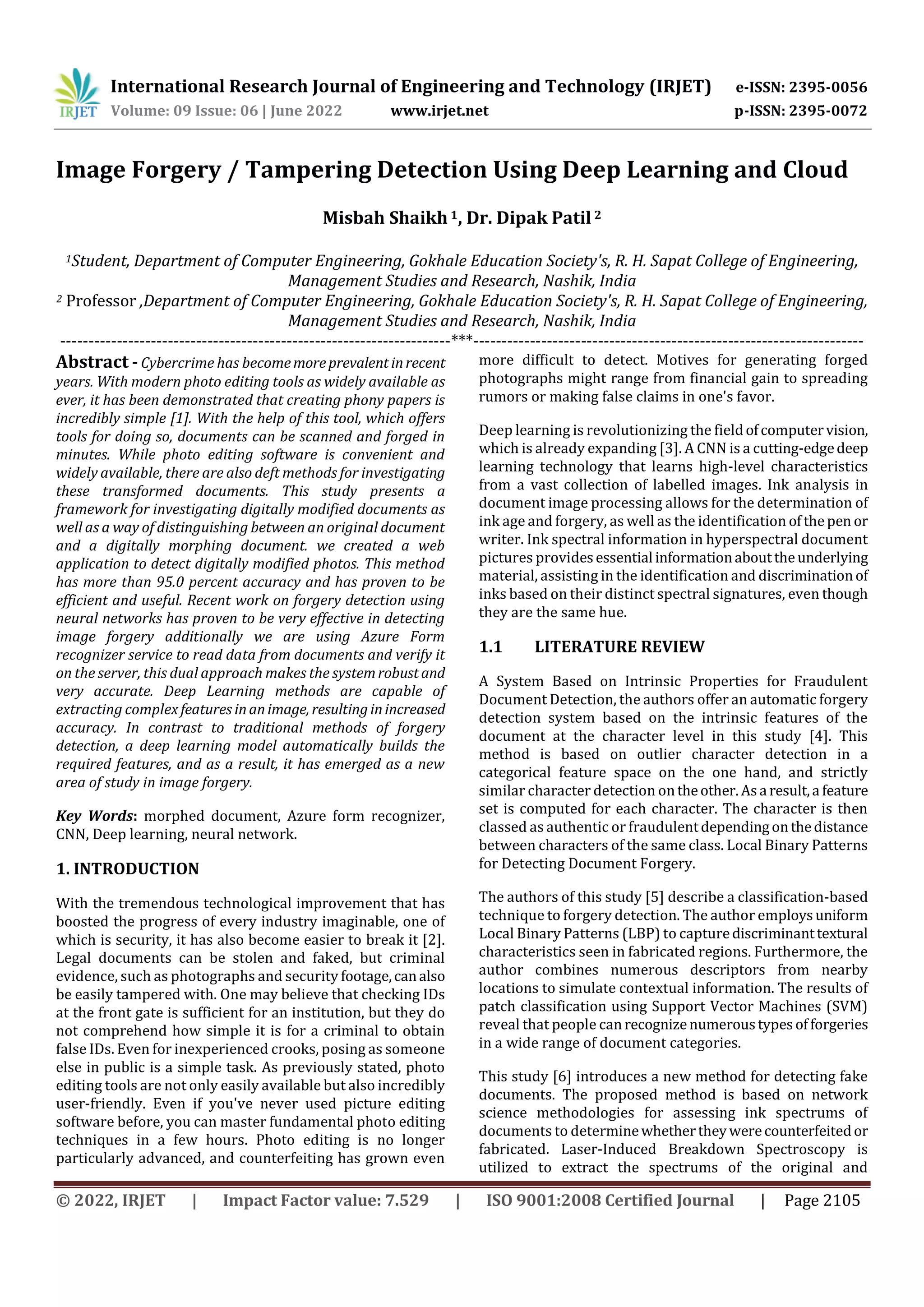 Image Forgery / Tampering Detection Using Deep Learning and Cloud | PDF