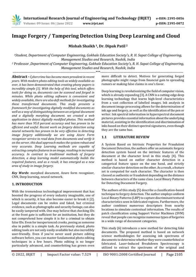 Image Forgery / Tampering Detection Using Deep Learning and Cloud | PDF