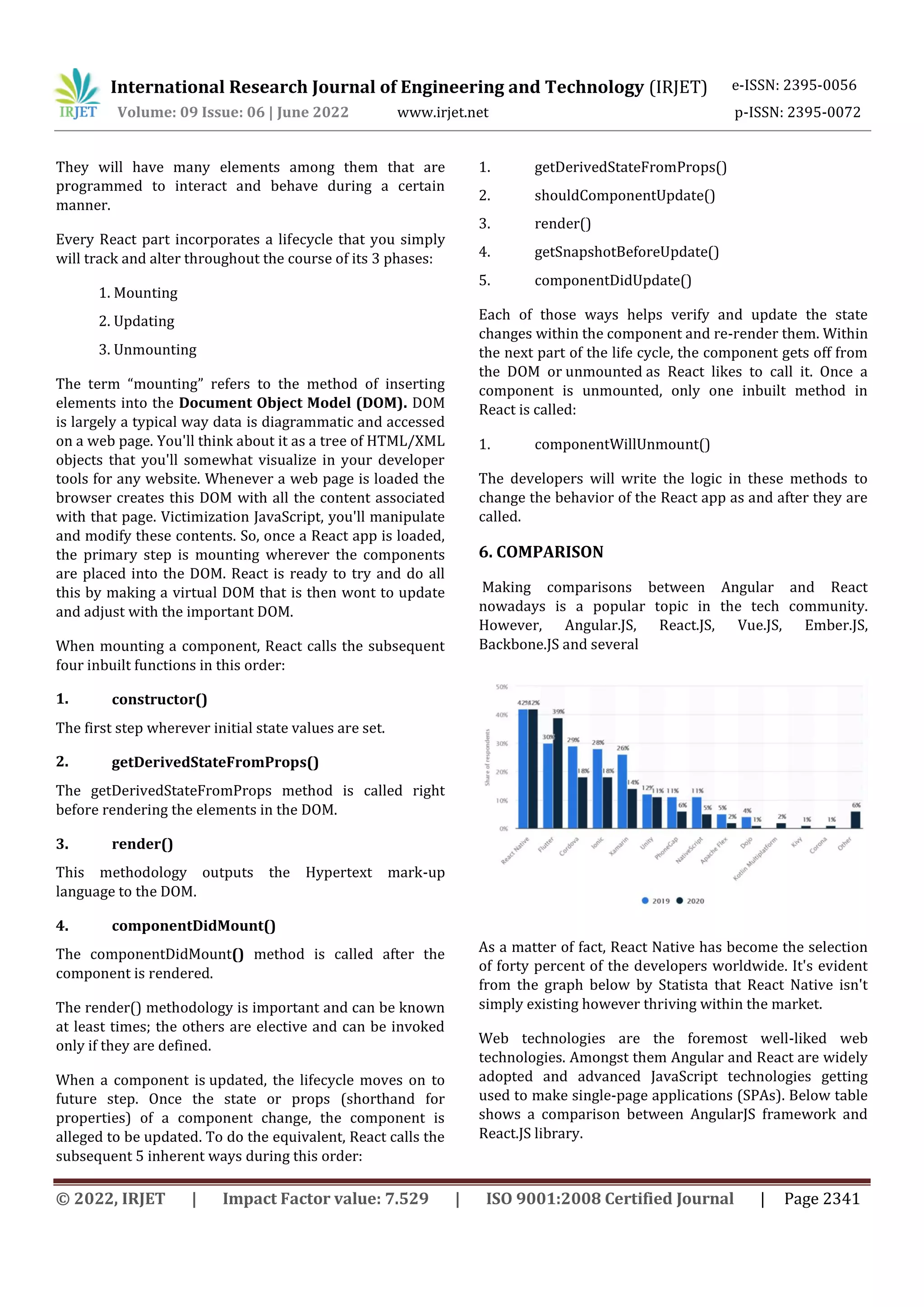 International Research Journal of Engineering and Technology (IRJET) e-ISSN: 2395-0056
Volume: 09 Issue: 06 | June 2022 www.irjet.net p-ISSN: 2395-0072
© 2022, IRJET | Impact Factor value: 7.529 | ISO 9001:2008 Certified Journal | Page 2341
They will have many elements among them that are
programmed to interact and behave during a certain
manner.
Every React part incorporates a lifecycle that you simply
will track and alter throughout the course of its 3 phases:
1. Mounting
2. Updating
3. Unmounting
The term “mounting” refers to the method of inserting
elements into the Document Object Model (DOM). DOM
is largely a typical way data is diagrammatic and accessed
on a web page. You'll think about it as a tree of HTML/XML
objects that you'll somewhat visualize in your developer
tools for any website. Whenever a web page is loaded the
browser creates this DOM with all the content associated
with that page. Victimization JavaScript, you'll manipulate
and modify these contents. So, once a React app is loaded,
the primary step is mounting wherever the components
are placed into the DOM. React is ready to try and do all
this by making a virtual DOM that is then wont to update
and adjust with the important DOM.
When mounting a component, React calls the subsequent
four inbuilt functions in this order:
1. constructor()
The first step wherever initial state values are set.
2. getDerivedStateFromProps()
The getDerivedStateFromProps method is called right
before rendering the elements in the DOM.
3. render()
This methodology outputs the Hypertext mark-up
language to the DOM.
4. componentDidMount()
The componentDidMount() method is called after the
component is rendered.
The render() methodology is important and can be known
at least times; the others are elective and can be invoked
only if they are defined.
When a component is updated, the lifecycle moves on to
future step. Once the state or props (shorthand for
properties) of a component change, the component is
alleged to be updated. To do the equivalent, React calls the
subsequent 5 inherent ways during this order:
1. getDerivedStateFromProps()
2. shouldComponentUpdate()
3. render()
4. getSnapshotBeforeUpdate()
5. componentDidUpdate()
Each of those ways helps verify and update the state
changes within the component and re-render them. Within
the next part of the life cycle, the component gets off from
the DOM or unmounted as React likes to call it. Once a
component is unmounted, only one inbuilt method in
React is called:
1. componentWillUnmount()
The developers will write the logic in these methods to
change the behavior of the React app as and after they are
called.
6. COMPARISON
Making comparisons between Angular and React
nowadays is a popular topic in the tech community.
However, Angular.JS, React.JS, Vue.JS, Ember.JS,
Backbone.JS and several
As a matter of fact, React Native has become the selection
of forty percent of the developers worldwide. It's evident
from the graph below by Statista that React Native isn't
simply existing however thriving within the market.
Web technologies are the foremost well-liked web
technologies. Amongst them Angular and React are widely
adopted and advanced JavaScript technologies getting
used to make single-page applications (SPAs). Below table
shows a comparison between AngularJS framework and
React.JS library.
 