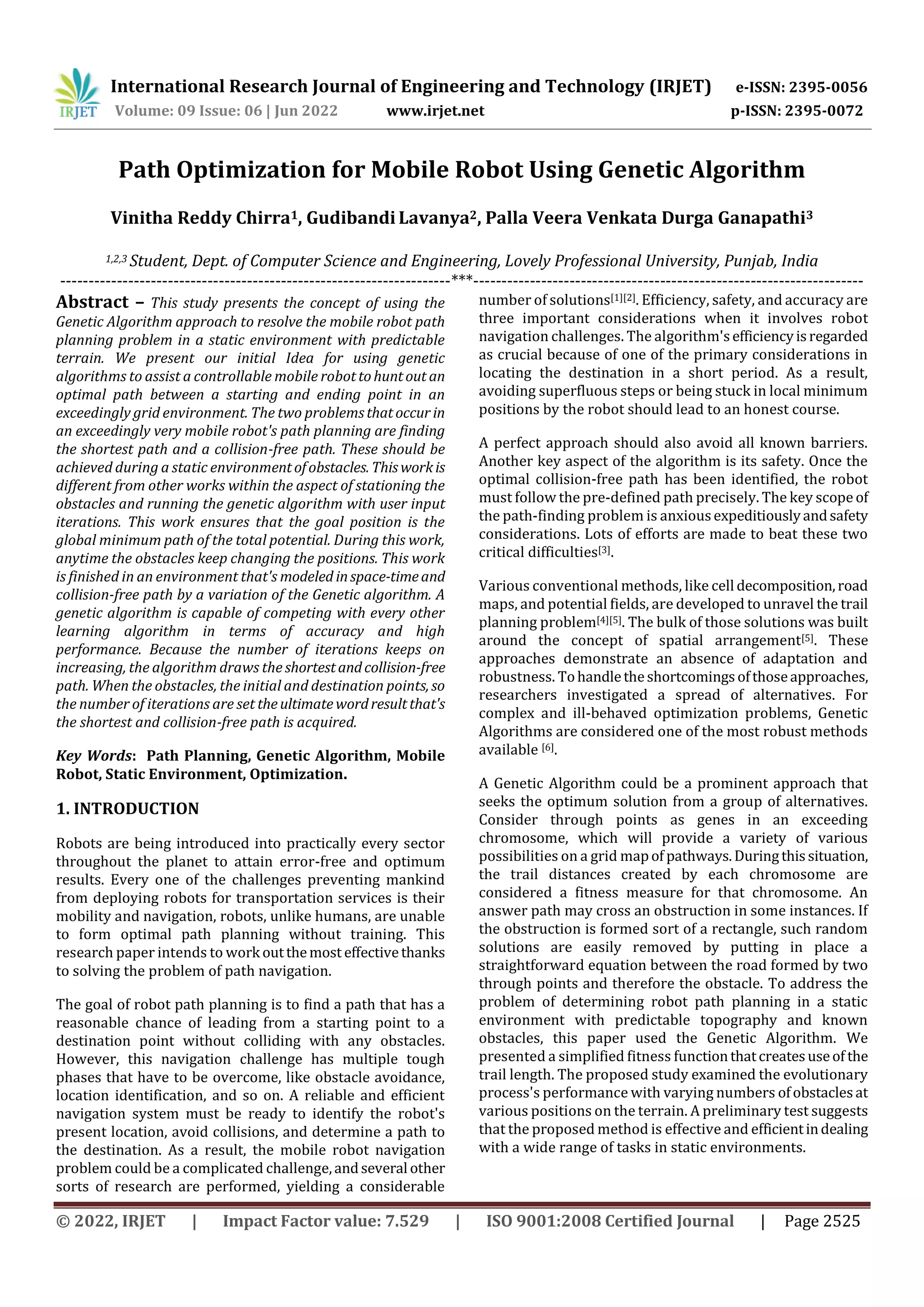 Path Optimization for Mobile Robot Using Genetic Algorithm | PDF