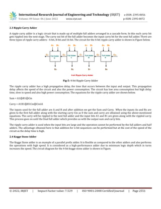 International Research Journal of Engineering and Technology (IRJET) e-ISSN: 2395-0056
Volume: 09 Issue: 06 | June 2022 www.irjet.net p-ISSN: 2395-0072
© 2022, IRJET | Impact Factor value: 7.529 | ISO 9001:2008 Certified Journal | Page 2551
2.3 Ripple Carry Adder
A ripple carry adder is a logic circuit that is made up of multiple full adders arranged in a cascade form. In this each carry bit
gets rippled into the next stage. The carry out bit of the full adder becomes the input carry bit for the next full adder. There are
three types of ripple carry adders - 4-bit, 8-bit and 16-bit. The circuit for the 4-bit ripple carry adder is shown in Figure below.
Fig-5: 4-bit Ripple Carry Adder
The ripple carry adder has a high propagation delay, the time that occurs between the input and output. This propagation
delay affects the speed of the circuit and also the power consumption. The circuit has low area consumption but high delay
time, slow in speed and also high power consumption. The equations for the ripple carry adder are shown below.
Sum = A1⊕B1⊕Cin
Carry = A1B1⊕B1Cin⊕CinA1
The inputs used for the full adder are A and B and after addition we get the Sum and Carry. When the inputs Ao and Bo are
given to the first full adder along with the starting carry Cin as 0 the sum and carry are obtained using the above-mentioned
equations. The carry will be rippled to the next full adder and the input bits A1 and B1 are given along with the rippled carry.
This process goes on until the final full adder which provides us with the output sum and carry bits.
The ripple carry adder is used when the input bits are large and the operation cannot be performed by the full adders and half
adders. The advantage obtained here is that addition for n-bit sequences can be performed but at the cost of the speed of the
circuit as the delay time is high.
2.4 Kogge Stone Adder
The Kogge Stone adder is an example of a parallel prefix adder. It is flexible as compared to the other adders and also performs
the operations with high speed. It is considered as a high-performance adder due to minimum logic depth which in turns
increases the speed. The circuit diagram for the 4-bit kogge stone adder is shown in Figure.
 