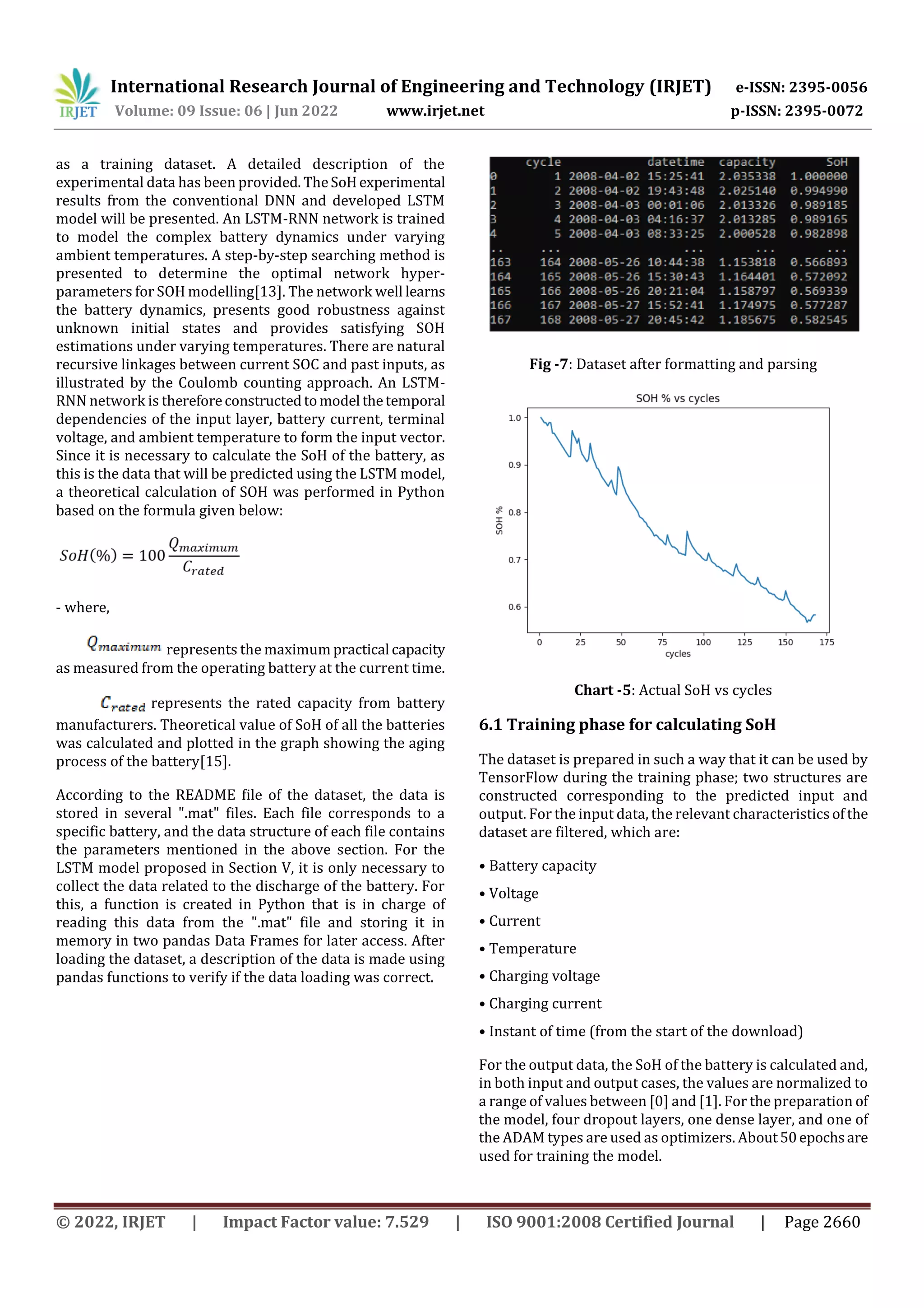 International Research Journal of Engineering and Technology (IRJET) e-ISSN: 2395-0056
Volume: 09 Issue: 06 | Jun 2022 www.irjet.net p-ISSN: 2395-0072
© 2022, IRJET | Impact Factor value: 7.529 | ISO 9001:2008 Certified Journal | Page 2660
as a training dataset. A detailed description of the
experimental data has been provided. TheSoHexperimental
results from the conventional DNN and developed LSTM
model will be presented. An LSTM-RNN network is trained
to model the complex battery dynamics under varying
ambient temperatures. A step-by-step searching method is
presented to determine the optimal network hyper-
parameters for SOH modelling[13]. The network well learns
the battery dynamics, presents good robustness against
unknown initial states and provides satisfying SOH
estimations under varying temperatures. There are natural
recursive linkages between current SOC and past inputs, as
illustrated by the Coulomb counting approach. An LSTM-
RNN network is thereforeconstructedtomodel thetemporal
dependencies of the input layer, battery current, terminal
voltage, and ambient temperature to form the input vector.
Since it is necessary to calculate the SoH of the battery, as
this is the data that will be predicted using the LSTM model,
a theoretical calculation of SOH was performed in Python
based on the formula given below:
- where,
represents the maximum practical capacity
as measured from the operating battery at the current time.
represents the rated capacity from battery
manufacturers. Theoretical value of SoH of all the batteries
was calculated and plotted in the graph showing the aging
process of the battery[15].
According to the README file of the dataset, the data is
stored in several ".mat" files. Each file corresponds to a
specific battery, and the data structure of each file contains
the parameters mentioned in the above section. For the
LSTM model proposed in Section V, it is only necessary to
collect the data related to the discharge of the battery. For
this, a function is created in Python that is in charge of
reading this data from the ".mat" file and storing it in
memory in two pandas Data Frames for later access. After
loading the dataset, a description of the data is made using
pandas functions to verify if the data loading was correct.
Fig -7: Dataset after formatting and parsing
Chart -5: Actual SoH vs cycles
6.1 Training phase for calculating SoH
The dataset is prepared in such a way that it can be used by
TensorFlow during the training phase; two structures are
constructed corresponding to the predicted input and
output. For the input data, the relevant characteristicsofthe
dataset are filtered, which are:
• Battery capacity
• Voltage
• Current
• Temperature
• Charging voltage
• Charging current
• Instant of time (from the start of the download)
For the output data, the SoH of the battery is calculated and,
in both input and output cases, the values are normalized to
a range of values between [0] and [1]. For the preparation of
the model, four dropout layers, one dense layer, and one of
the ADAM types are used as optimizers. About50epochsare
used for training the model.
 