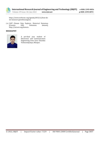 International Research Journal of Engineering and Technology (IRJET) e-ISSN: 2395-0056
Volume: 09 Issue: 06 | Jun 2022 www.irjet.net p-ISSN: 2395-0072
© 2022, IRJET | Impact Factor value: 7.529 | ISO 9001:2008 Certified Journal | Page 3057
https://www.weforum.org/agenda/2015/12/how-do-
we-measure-greenhousegases.
[24] CAIT Climate Data Explorer, Historical Emissions
[Country GHG Emissions dataset],
http://cait.wri.org/historic.
BIOGRAPHY
A pre-final year student of
Electronics and Communication
Engineering from Guru Ghasidas
Vishwavidyalaya, Bilaspur.
 