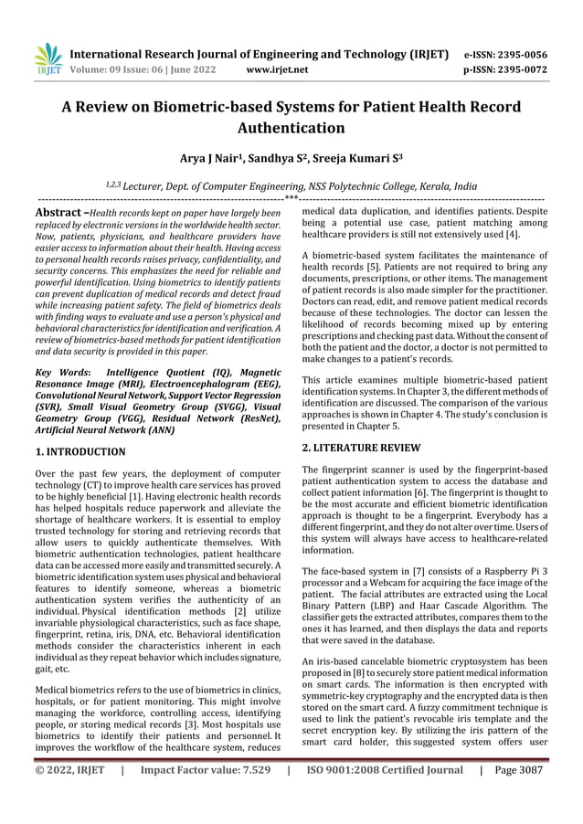 A Review on Biometricbased Systems for Patient Health Record