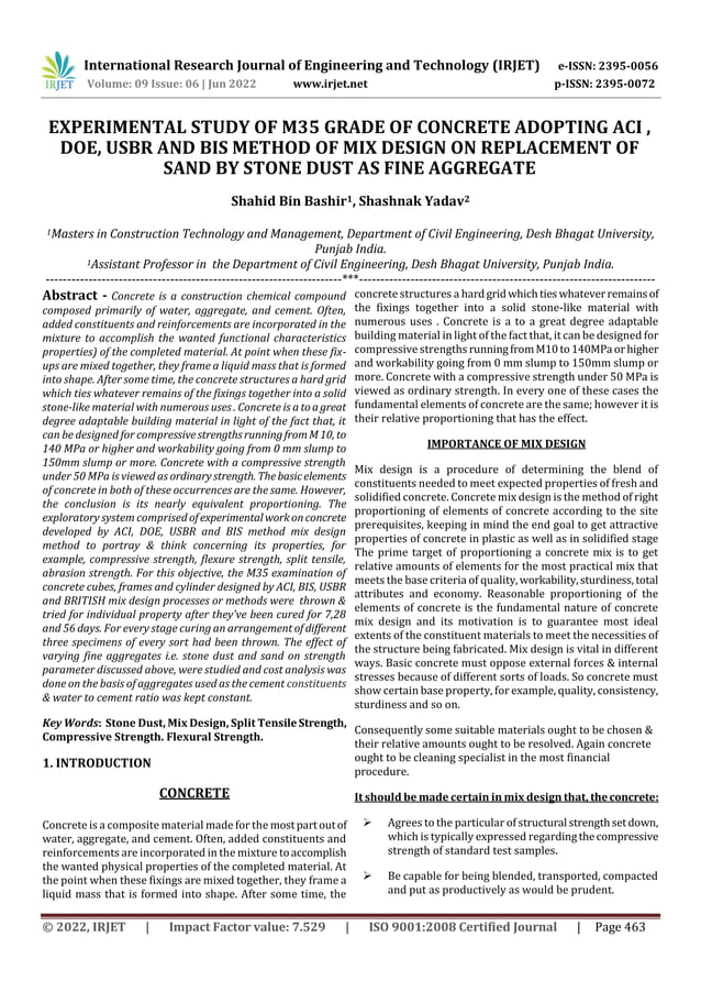 EXPERIMENTAL STUDY OF M35 GRADE OF CONCRETE ADOPTING ACI , DOE, USBR