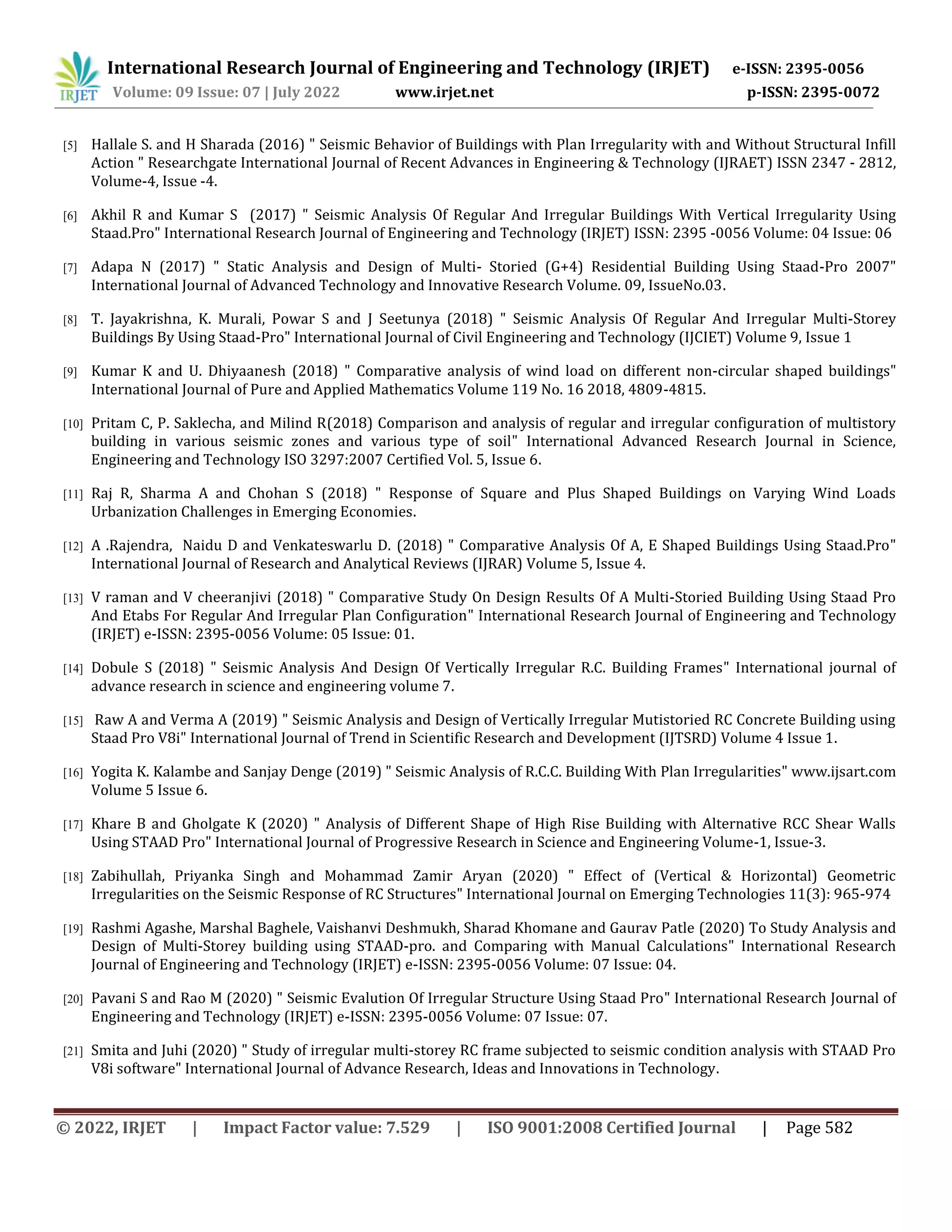 International Research Journal of Engineering and Technology (IRJET) e-ISSN: 2395-0056
Volume: 09 Issue: 07 | July 2022 www.irjet.net p-ISSN: 2395-0072
© 2022, IRJET | Impact Factor value: 7.529 | ISO 9001:2008 Certified Journal | Page 582
[5] Hallale S. and H Sharada (2016) " Seismic Behavior of Buildings with Plan Irregularity with and Without Structural Infill
Action " Researchgate International Journal of Recent Advances in Engineering & Technology (IJRAET) ISSN 2347 - 2812,
Volume-4, Issue -4.
[6] Akhil R and Kumar S (2017) " Seismic Analysis Of Regular And Irregular Buildings With Vertical Irregularity Using
Staad.Pro" International Research Journal of Engineering and Technology (IRJET) ISSN: 2395 -0056 Volume: 04 Issue: 06
[7] Adapa N (2017) " Static Analysis and Design of Multi- Storied (G+4) Residential Building Using Staad-Pro 2007"
International Journal of Advanced Technology and Innovative Research Volume. 09, IssueNo.03.
[8] T. Jayakrishna, K. Murali, Powar S and J Seetunya (2018) " Seismic Analysis Of Regular And Irregular Multi-Storey
Buildings By Using Staad-Pro" International Journal of Civil Engineering and Technology (IJCIET) Volume 9, Issue 1
[9] Kumar K and U. Dhiyaanesh (2018) " Comparative analysis of wind load on different non-circular shaped buildings"
International Journal of Pure and Applied Mathematics Volume 119 No. 16 2018, 4809-4815.
[10] Pritam C, P. Saklecha, and Milind R(2018) Comparison and analysis of regular and irregular configuration of multistory
building in various seismic zones and various type of soil" International Advanced Research Journal in Science,
Engineering and Technology ISO 3297:2007 Certified Vol. 5, Issue 6.
[11] Raj R, Sharma A and Chohan S (2018) " Response of Square and Plus Shaped Buildings on Varying Wind Loads
Urbanization Challenges in Emerging Economies.
[12] A .Rajendra, Naidu D and Venkateswarlu D. (2018) " Comparative Analysis Of A, E Shaped Buildings Using Staad.Pro"
International Journal of Research and Analytical Reviews (IJRAR) Volume 5, Issue 4.
[13] V raman and V cheeranjivi (2018) " Comparative Study On Design Results Of A Multi-Storied Building Using Staad Pro
And Etabs For Regular And Irregular Plan Configuration" International Research Journal of Engineering and Technology
(IRJET) e-ISSN: 2395-0056 Volume: 05 Issue: 01.
[14] Dobule S (2018) " Seismic Analysis And Design Of Vertically Irregular R.C. Building Frames" International journal of
advance research in science and engineering volume 7.
[15] Raw A and Verma A (2019) " Seismic Analysis and Design of Vertically Irregular Mutistoried RC Concrete Building using
Staad Pro V8i" International Journal of Trend in Scientific Research and Development (IJTSRD) Volume 4 Issue 1.
[16] Yogita K. Kalambe and Sanjay Denge (2019) " Seismic Analysis of R.C.C. Building With Plan Irregularities" www.ijsart.com
Volume 5 Issue 6.
[17] Khare B and Gholgate K (2020) " Analysis of Different Shape of High Rise Building with Alternative RCC Shear Walls
Using STAAD Pro" International Journal of Progressive Research in Science and Engineering Volume-1, Issue-3.
[18] Zabihullah, Priyanka Singh and Mohammad Zamir Aryan (2020) " Effect of (Vertical & Horizontal) Geometric
Irregularities on the Seismic Response of RC Structures" International Journal on Emerging Technologies 11(3): 965-974
[19] Rashmi Agashe, Marshal Baghele, Vaishanvi Deshmukh, Sharad Khomane and Gaurav Patle (2020) To Study Analysis and
Design of Multi-Storey building using STAAD-pro. and Comparing with Manual Calculations" International Research
Journal of Engineering and Technology (IRJET) e-ISSN: 2395-0056 Volume: 07 Issue: 04.
[20] Pavani S and Rao M (2020) " Seismic Evalution Of Irregular Structure Using Staad Pro" International Research Journal of
Engineering and Technology (IRJET) e-ISSN: 2395-0056 Volume: 07 Issue: 07.
[21] Smita and Juhi (2020) " Study of irregular multi-storey RC frame subjected to seismic condition analysis with STAAD Pro
V8i software" International Journal of Advance Research, Ideas and Innovations in Technology.
 