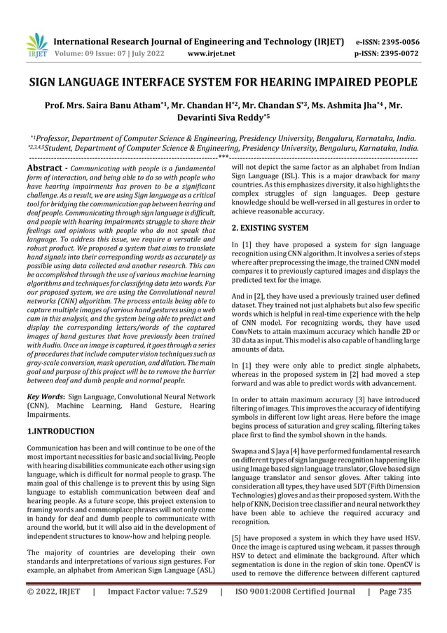 SIGN LANGUAGE INTERFACE SYSTEM FOR HEARING IMPAIRED PEOPLE | PDF