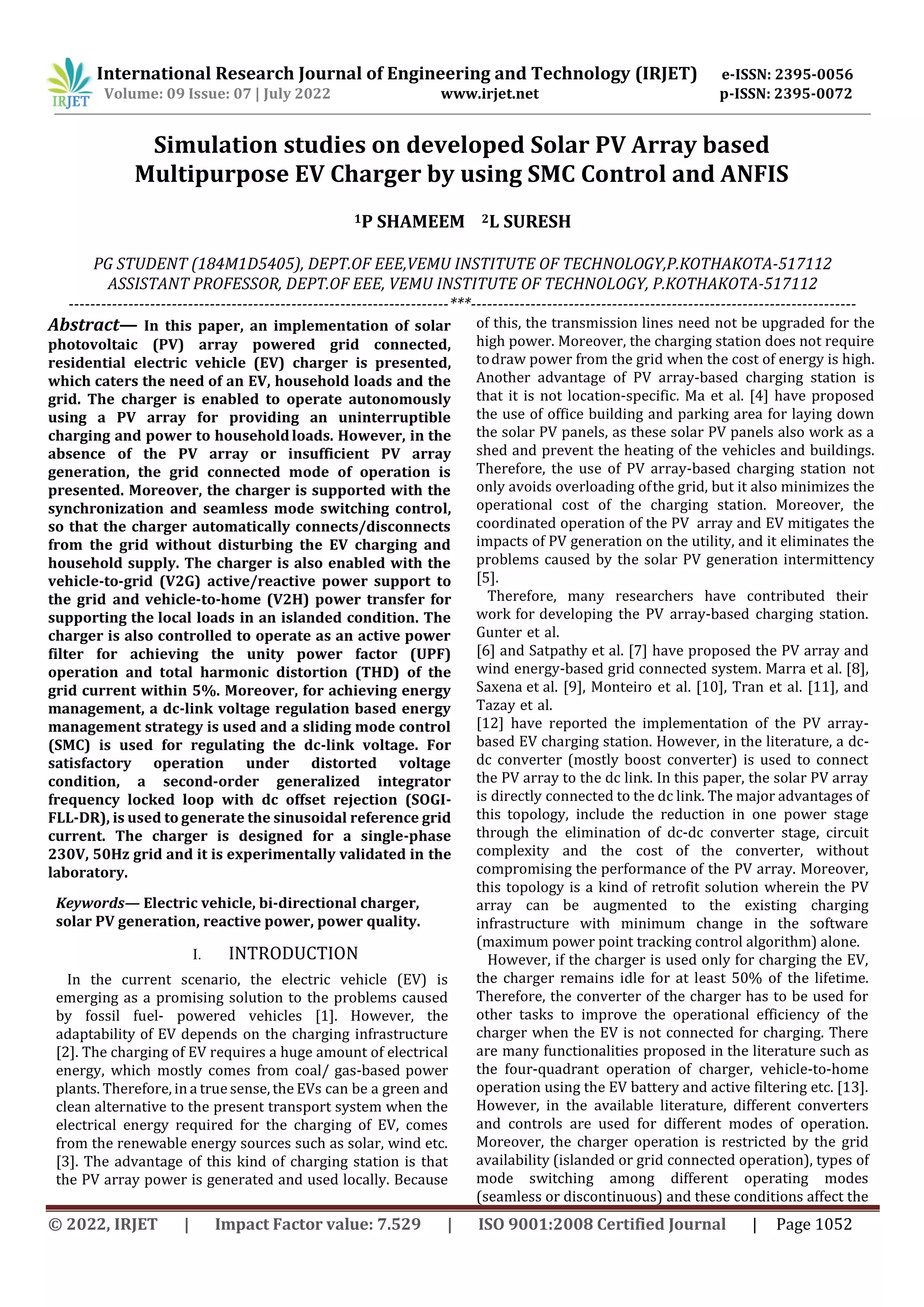 Simulation studies on developed Solar PV Array based Multipurpose EV ...