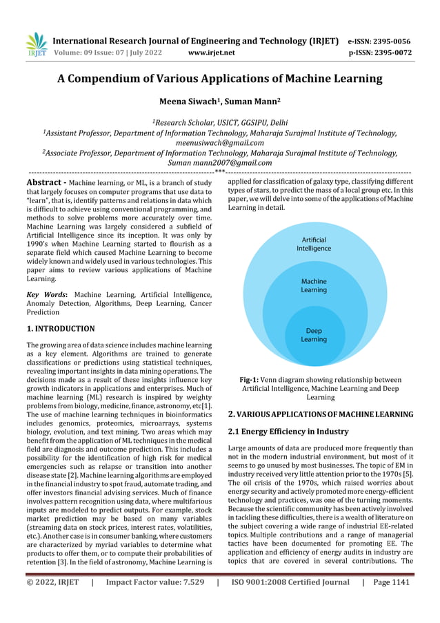 A Compendium of Various Applications of Machine Learning | PDF