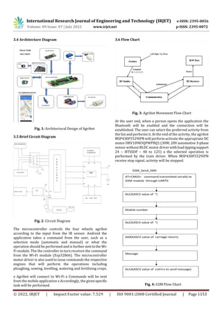 International Research Journal of Engineering and Technology (IRJET) e-ISSN: 2395-0056
Volume: 09 Issue: 07 | July 2022 www.irjet.net p-ISSN: 2395-0072
© 2022, IRJET | Impact Factor value: 7.529 | ISO 9001:2008 Certified Journal | Page 1153
3.4 Architecture Diagram
Fig. 1: Architectural Design of Agribot
3.5 Brief Circuit Diagram
Fig. 2: Circuit Diagram
The microcontroller controls the four wheels agribot
according to the input from the IR sensor. Android the
application takes a command from the user, such as a
selection mode (automatic and manual) or what the
operation should be performed and is furthersenttothe Wi-
Fi module. The the controller in turn receives the command
from the Wi-Fi module (Esp32866). The microcontroller
motor driver is also used to issue commands the respective
engines that will perform the operations including
ploughing, sowing, levelling, watering and fertilizing crops.
x Agribot will connect to Wi-Fi x Commands will be sent
from the mobile application x Accordingly, the givenspecific
task will be performed.
3.6 Flow Chart
Fig. 3: Agribot Movement Flow Chart
At the user end, when a person opens the application the
Bluetooth will be enabled and the connection will be
established. The user can select the preferred activity from
the list and performs it. At the end of the activity, the agribot
MSP430F5529IPN will perform activate the appropriate DC
motor DRV10983QPWPRQ1 (30W, 20V automotive3-phase
sensor without BLDC motor driverwithloadtippingsupport
24 – HTSSOP – 40 to 125) a the selected operation is
performed by the train driver. When MSP430F5529IPN
receive stop signal, activity will be stopped.
Fig. 4: GSM Flow Chart
 