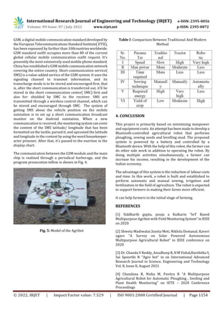 International Research Journal of Engineering and Technology (IRJET) e-ISSN: 2395-0056
Volume: 09 Issue: 07 | July 2022 www.irjet.net p-ISSN: 2395-0072
© 2022, IRJET | Impact Factor value: 7.529 | ISO 9001:2008 Certified Journal | Page 1154
GSM, a digital mobile communicationstandarddeveloped by
theEuropean TelecommunicationsStandardInstitute(ETSI),
has been espoused by further than 100countriesworldwide.
GSM standard outfit occupies more than 80 of the current
global cellular mobile communication outfit request. It's
presently the most extensively used mobile phonestandard.
China has establisheda GSMmobilecommunication network
covering the entire country. Short communication service(
SMS) is a value-added service of the GSM system. It uses the
signaling channel to transmit information, and its
transcharge mode is to be stored and encouraged first, that
is, after the short communication is transferred out, it'll be
stored in the short communication center( SMC) first and
also for- shielded by SMC to the receiver. SMS are
transmitted through a wireless control channel, which can
be stored and encouraged through SMC. The system of
getting SMS about the vehicle position on the mobile
outstation is to set up a short communication broadcast
monitor on the Android outstation. When a new
communication is received, themonitoringsystemcancover
the content of the SMS latitude/ longitude that has been
formatted on the tackle, parsed it, and uprooted the latitude
and longitude in the content byusingthewordhousekeeper-
acter prisoner. After that, it's passed to the exertion in the
display chart.
The communication between the GSM module and the main
chip is realized through a periodical harborage, and the
program prosecution inflow is shown in Fig. 4.
Fig. 5: Model of the Agribot
Table I: Comparison Between Traditional And Modern
Method
4. CONCLUSION
This project is primarily based on minimizing manpower
and equipment costs. An attempthasbeenmadetodevelopa
Bluetooth-controlled agricultural robot that performs
ploughing, sowing seeds and levelling mud. The proposed
system is powered by a battery and controlled by a
Bluetooth device. With the help of this robot, the farmer can
do other side work in addition to operating the robot. By
doing multiple activities simultaneously, a farmer can
increase his income, resulting in the development of the
Indian economy.
The advantage of this system is the reductionof labourcosts
and time. In this work, a robot is built and established to
perform automatic and manual sowing, irrigation and
fertilization in the field of agriculture. The robot is expected
to support farmers in making their farms more efficient.
It can help farmers in the initial stage of farming.
REFERENCES
[1] Siddharth gupta, pooja a Kulkarni “IoT Based
Multipurpose Agribot with Field MonitoringSystem”inIEEE
on 2020
[2] Shweta Madiwalar,Sunita Meti, Nikhila Domanal, Kaveri
ugare "A Survey on Solar Powered Autonomous
Multipurpose Agricultural Robot" in IEEE conference on
2020
[3] Dr. Chanda V Reddy, Anudheep R,HMVishal,Harshitha S,
Sai Spoorthi N "Agro bot" in on International Advanced
Research Journal in Science, Engineering and Technology
Vol. 8, Issue 8, August 2021
[4] Chandana R, Nisha M, Pavitra B "A Multipurpose
Agricultural Robot for Automatic Ploughing , Seeding and
Plant Health Monitoring" on IETE – 2020 Conference
Proceedings
 