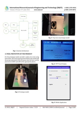 International Research Journal of Engineering and Technology (IRJET) e-ISSN: 2395-0056
Volume: 09 Issue: 07 | July 2022 www.irjet.net p-ISSN: 2395-0072
© 2022, IRJET | Impact Factor value: 7.529 | ISO 9001:2008 Certified Journal | Page 1228
Fig -1: System Architecture
4. FINAL PROTOTYPE OF THE PRODUCT
For the prototype model, we built a replica of a room using
foam sheet. The touch panel has been kept in the model with
the proper placement of the IR sensor near the boor and the
placement of DHT and LDR at the appropriate places.
Fig -2: Prototype model
Fig -3: Top view of prototype model
Fig -4: TFT Touch Display
Fig -5: Mobile Application
 