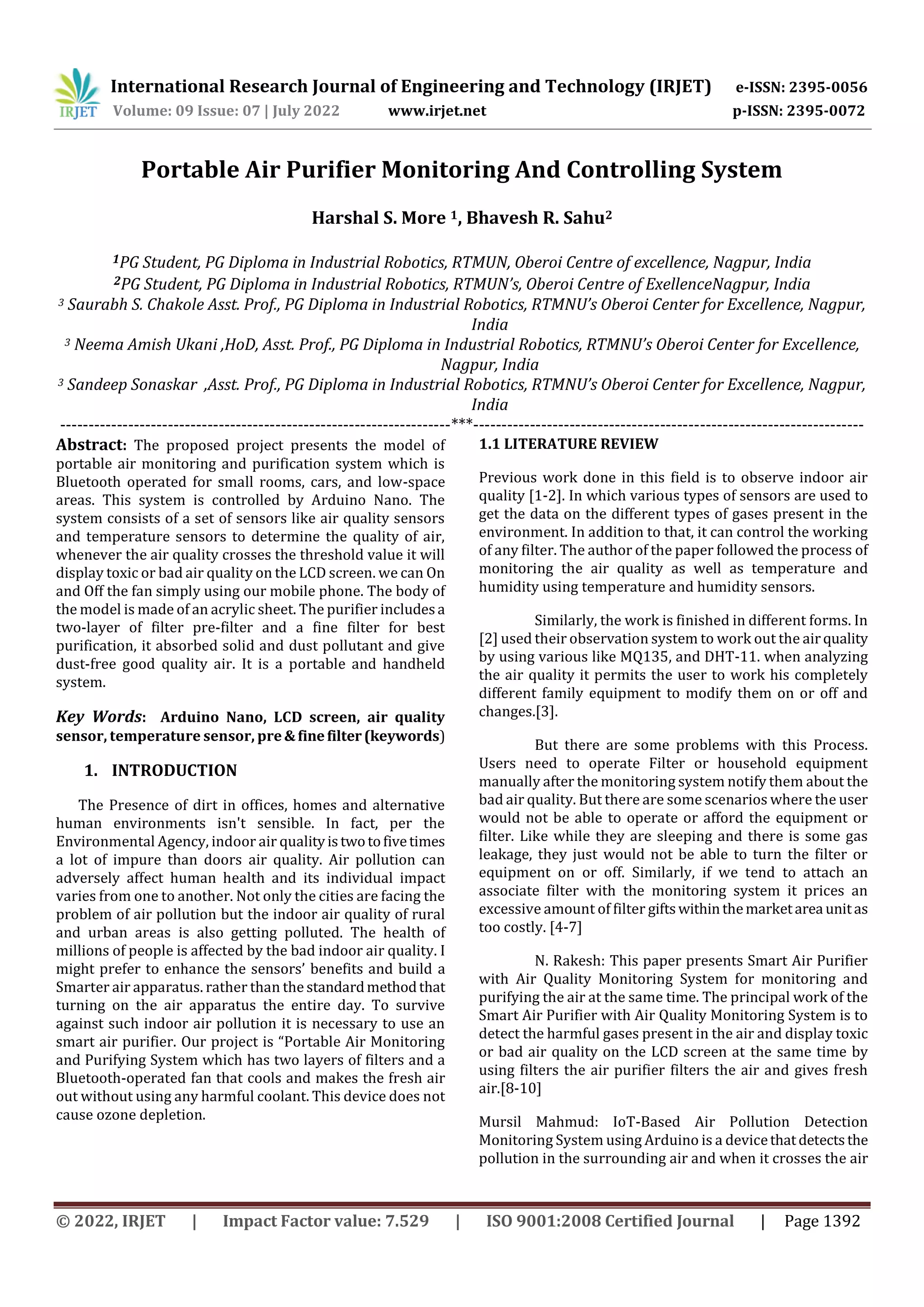 Portable Air Purifier Monitoring And Controlling System | PDF