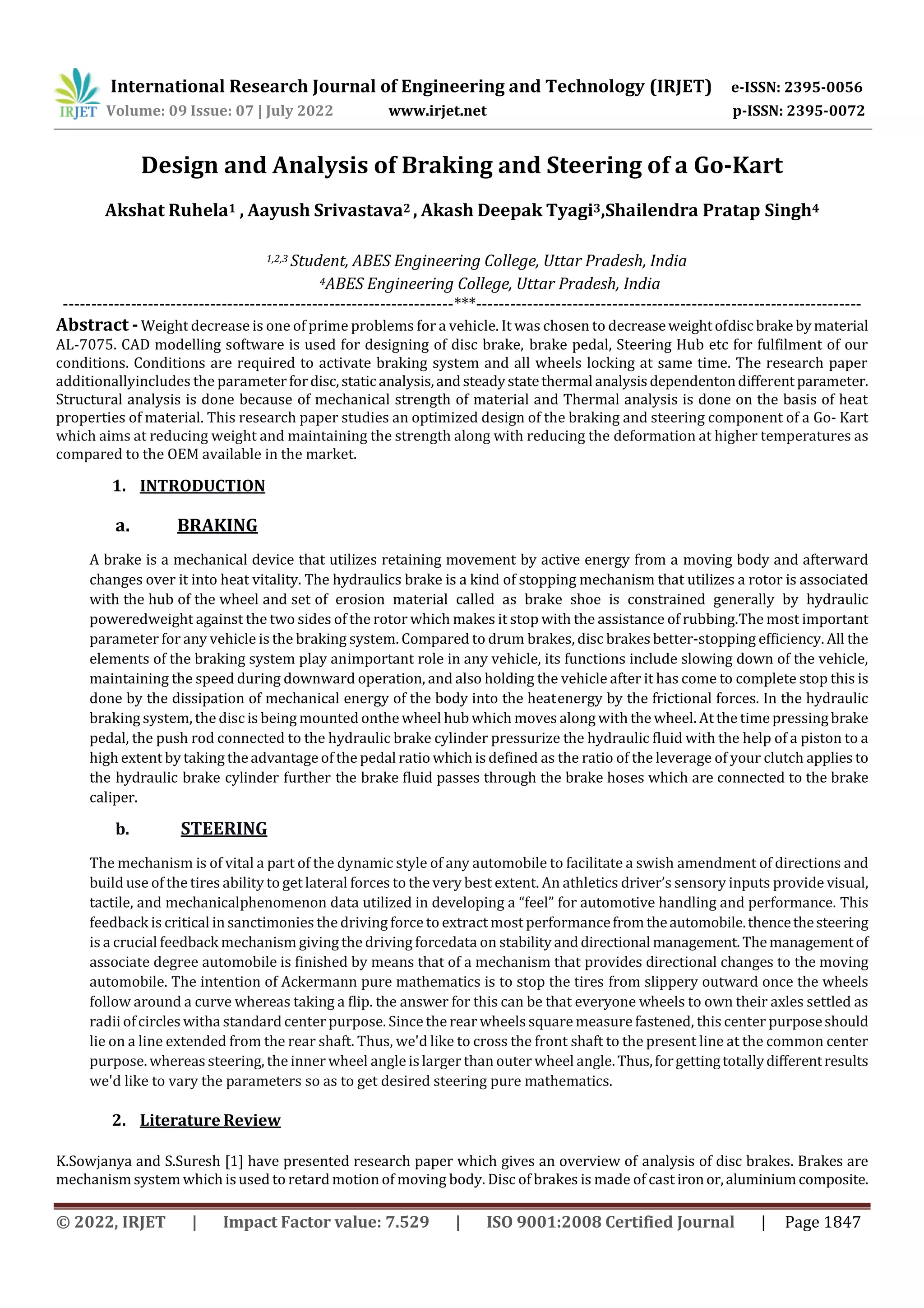 Design and Analysis of Braking and Steering of a Go-Kart | PDF