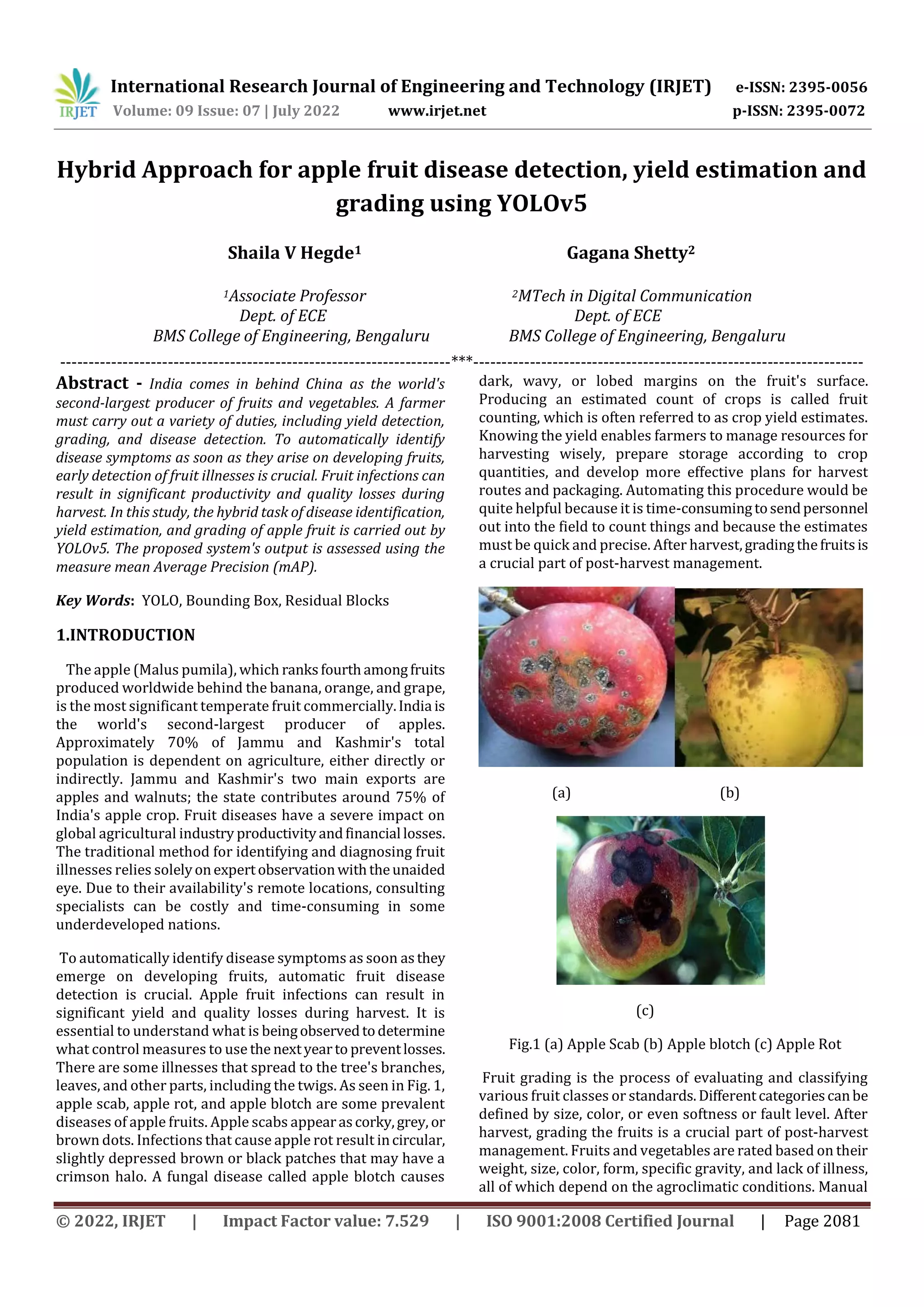 Hybrid Approach for apple fruit disease detection, yield estimation and ...