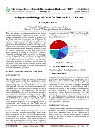 International Research Journal of Engineering and Technology (IRJET) e-ISSN: 2395-0056
Volume: 09 Issue: 07 | July 2022 www.irjet.net p-ISSN: 2395-0072
© 2022, IRJET | Impact Factor value: 7.529 | ISO 9001:2008 Certified Journal | Page 2122
Deployment of Debug and Trace for features in RISC-V Core
Sharad1, Dr. Kiran V2
1Student, RV College of Engineering, Karnataka India
2Associate Professor, RV College of Engineering, Karnataka India
---------------------------------------------------------------------***---------------------------------------------------------------------
Abstract - Modern technology complexity of SOC designs
makes it challenging to create a bug-free design. Therefore,
the chip design pipeline includes a number of procedures to
find faults both early on and later on. By locating the
problems in the system and localising them, verification and
validation both check if the design adheres to the
specification, but at separate points in the design cycle.
Verification is a pre-silicon process that involves modelling
the functioning of the design. The method of proving that an
RTL design is functionally accurate with regard to the
design standards is known as functional verification.
Functional verification makes an effort to determine
whether the suggested design is performing as expected. The
majority of the time and energy required for most
significant electrical system design projects is spent on this
complicated endeavour. It is essential that the design be
functionally tested and that any possible bugs be found
early. This paper discuss about verification done using trace
method of debugging in RISC V core.
Key Words: Verification; Debugging; Trace; RISCV;
1. INTRODUCTION
Given the limitations of time and money, a development
team wants to make sure that the design has as few faults
as possible before a chip or system goes into
manufacturing. That is the verification act, and the
coverage-based confidence level is measured in that way.
Debugging begins when an issue is identified, and it has
been estimated that this process can take anywhere
between 35 and 50 percent of the overall project duration.
The detection and elimination of design defects as well as
verification environment bugs are included in Fig.1. The
fact that the time to a remedy is unpredictable after a
defect has been detected is more concerning to many
teams. A significant portion of the debugging process is
unpredictable, and finding the best repair can be
challenging and even result in the introduction of new
defects.
There are two ASIC methods for debugging. First, an issue
must be identified, frequently by running a model of the
design using a testcase. Next, the problem's source must
be ascertained, and finally, a remedy must be chosen. The
second option is to analyse a system using tools that are
often static analysis tools that aim to identify a class of
issues utilising broad analytical methodologies. Running
debugging and tracing in the "RISC V core" is crucial for
validating new features because design flaws cost the firm
time, effort, and resources.
Fig.1. Where ASIC Engineers spend time
2. PHASES OF VERIFICATION
The different phases of verification is shown in Fig.2
2.1 Verification Plan
A test plan is a live document that serves as a road map for
achieving the goal. Introduction, presumptions, a list of
test cases, a list of features to be tested, an approach,
deliverables, resources, risks and timing, as well as entry
and exit criteria are all included in the test plan. A test plan
aids a verification engineer in understanding how to
conduct a verification. A test plan may be presented as a
document, spreadsheet, or straightforward text file,
among other formats. Sometimes an engineer's test plan
merely exists in their head, which is risky because it
prevents the process from being accurately measured and
managed. The test plan also includes a description of the
architecture of the testbench as well as a breakdown of
each component's capabilities.
2.2 Building Testbench
The development of the verification environment occurs in
this phase. If more than one engineer is working on it, each
verification component might be built sequentially or
concurrently. The coverage module should be written
down first because it provides an indication of how the
verification is going.
 
