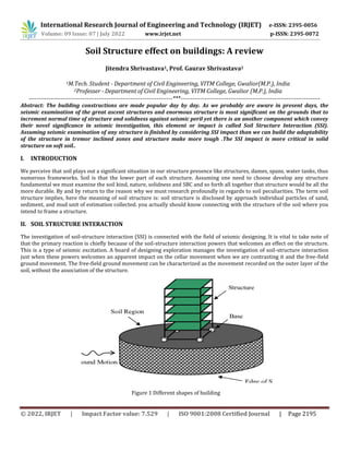 © 2022, IRJET | Impact Factor value: 7.529 | ISO 9001:2008 Certified Journal | Page 2195
Soil Structure effect on buildings: A review
Jitendra Shrivastava1, Prof. Gaurav Shrivastava2
1M.Tech. Student - Department of Civil Engineering, VITM College, Gwalior(M.P.), India
2Professer - Department of Civil Engineering, VITM College, Gwalior (M.P.), India
------------------------------------------------------------------------***----------------------------------------------------------------------
Abstract: The building constructions are made popular day by day. As we probably are aware in present days, the
seismic examination of the great ascent structures and enormous structure is most significant on the grounds that to
increment normal time of structure and solidness against seismic peril yet there is an another component which convey
their novel significance in seismic investigation, this element or impact is called Soil Structure Interaction (SSI).
Assuming seismic examination of any structure is finished by considering SSI impact than we can build the adaptability
of the structure in tremor inclined zones and structure make more tough .The SSI impact is more critical in solid
structure on soft soil..
I. INTRODUCTION
We perceive that soil plays out a significant situation in our structure presence like structures, dames, spans, water tanks, thus
numerous frameworks. Soil is that the lower part of each structure. Assuming one need to choose develop any structure
fundamental we must examine the soil kind, nature, solidness and SBC and so forth all together that structure would be all the
more durable. By and by return to the reason why we must research profoundly in regards to soil peculiarities. The term soil
structure implies, here the meaning of soil structure is: soil structure is disclosed by approach individual particles of sand,
sediment, and mud unit of estimation collected. you actually should know connecting with the structure of the soil where you
intend to frame a structure.
II. SOIL STRUCTURE INTERACTION
The investigation of soil-structure interaction (SSI) is connected with the field of seismic designing. It is vital to take note of
that the primary reaction is chiefly because of the soil-structure interaction powers that welcomes an effect on the structure.
This is a type of seismic excitation. A board of designing exploration manages the investigation of soil-structure interaction
just when these powers welcomes an apparent impact on the cellar movement when we are contrasting it and the free-field
ground movement. The free-field ground movement can be characterized as the movement recorded on the outer layer of the
soil, without the association of the structure.
Figure 1 Different shapes of building
International Research Journal of Engineering and Technology (IRJET) e-ISSN: 2395-0056
Volume: 09 Issue: 07 | July 2022 www.irjet.net p-ISSN: 2395-0072
 