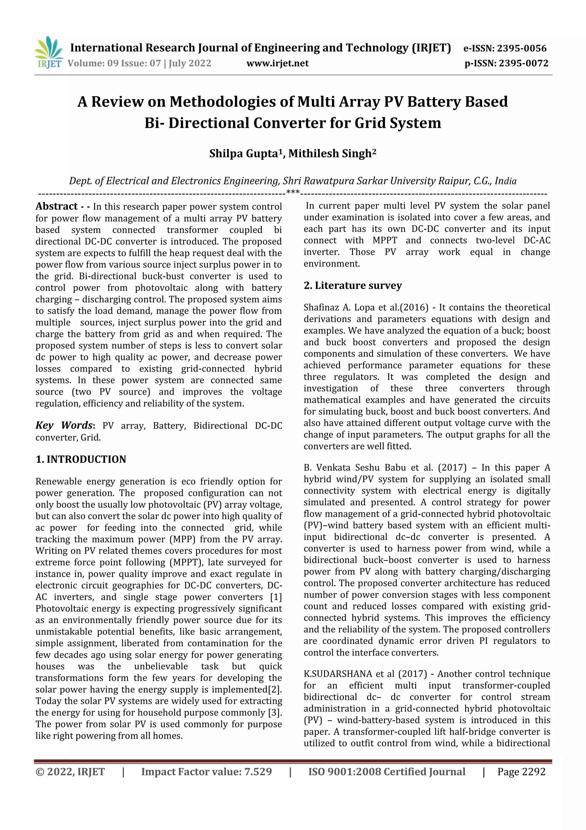 A Review on Methodologies of Multi Array PV Battery Based Bi ...