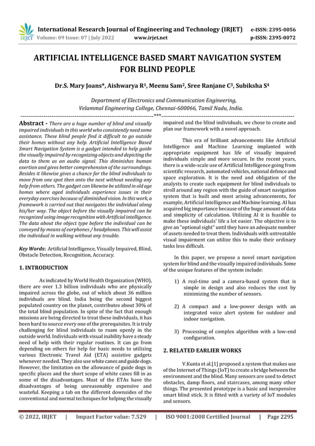 ARTIFICIAL INTELLIGENCE BASED SMART NAVIGATION SYSTEM FOR BLIND PEOPLE