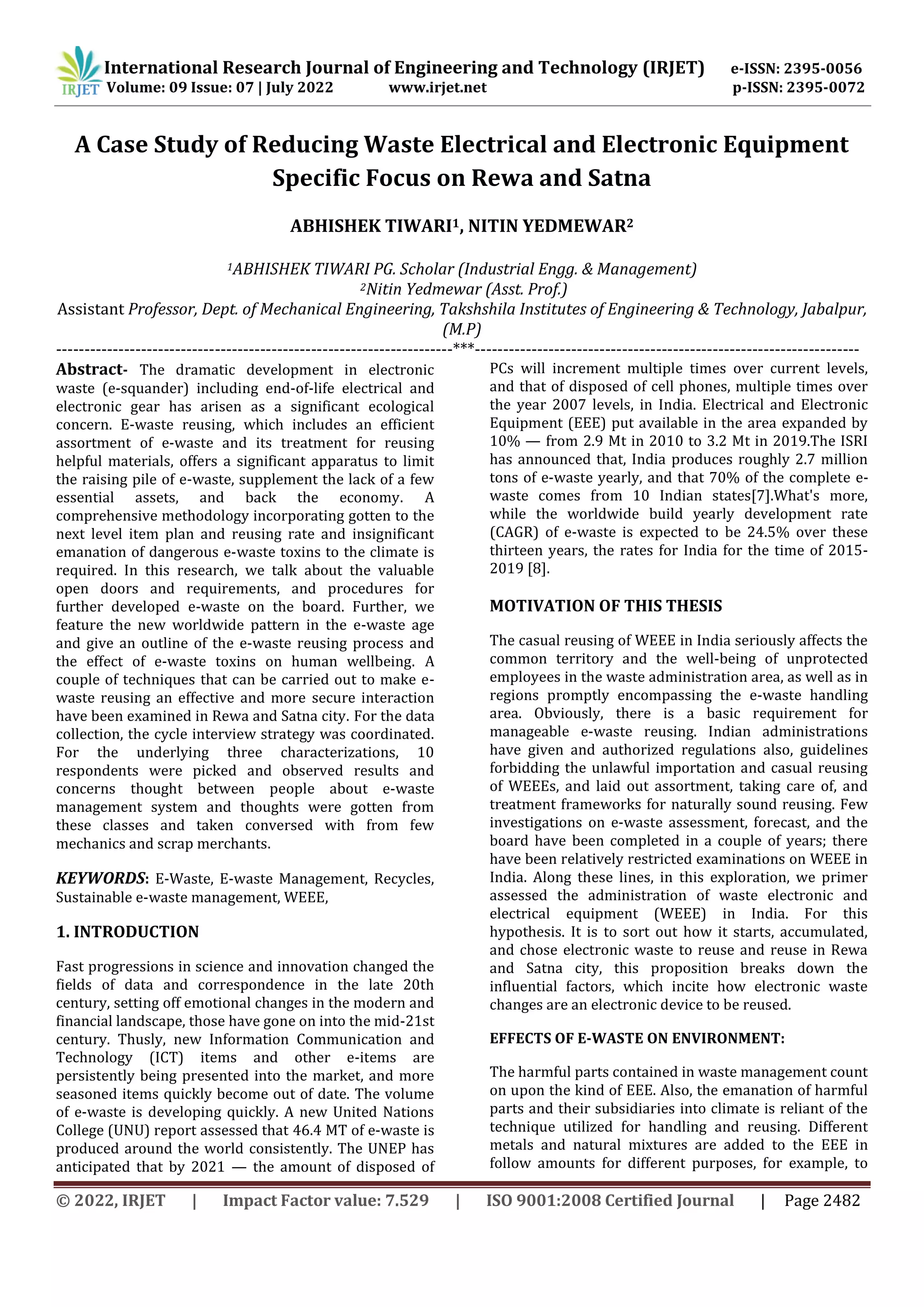 Insignificant Department A Case Study of Reducing Waste Electrical and Electronic Equipment ...