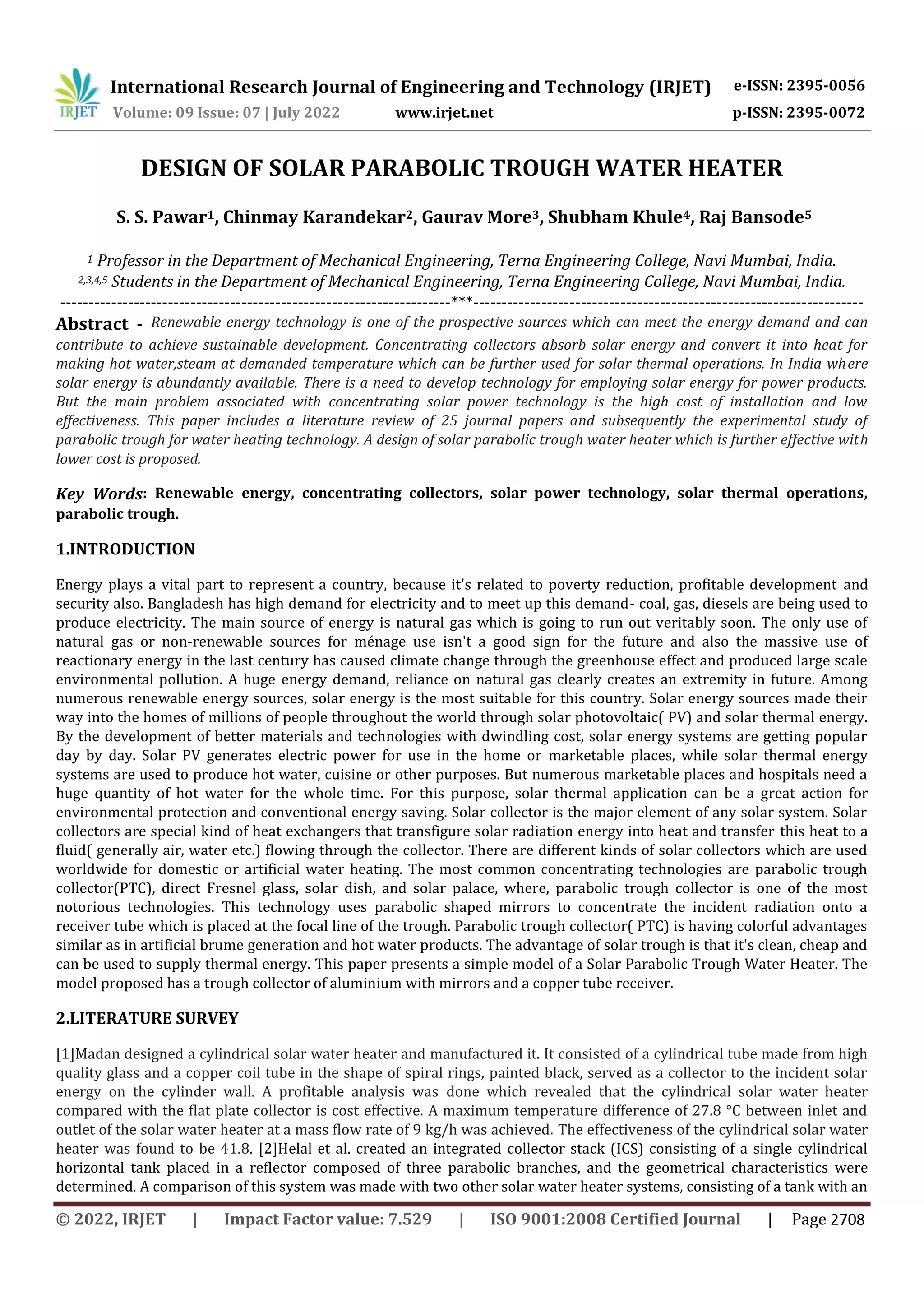 DESIGN OF SOLAR PARABOLIC TROUGH WATER HEATER | PDF