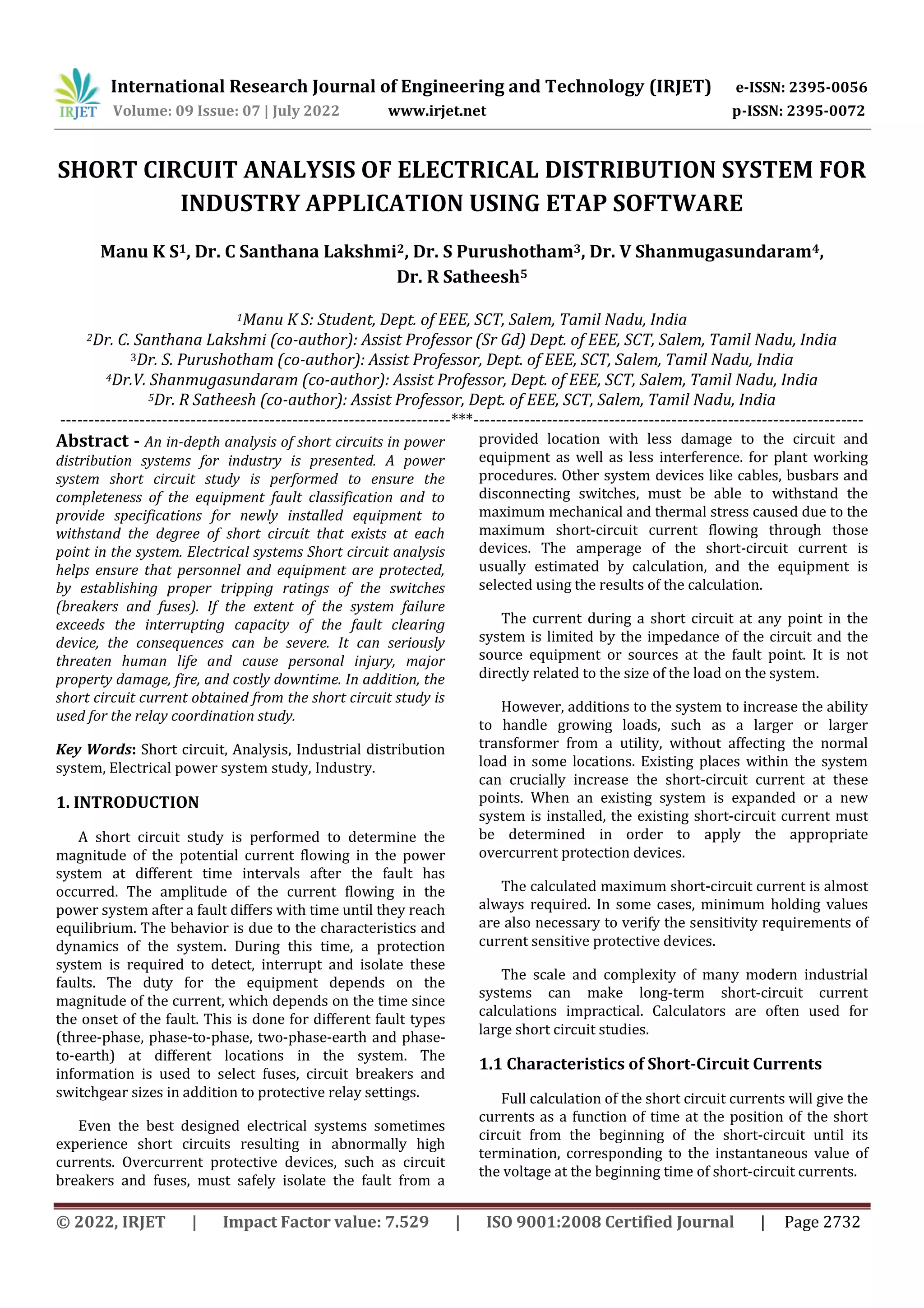 SHORT CIRCUIT ANALYSIS OF ELECTRICAL DISTRIBUTION SYSTEM FOR INDUSTRY