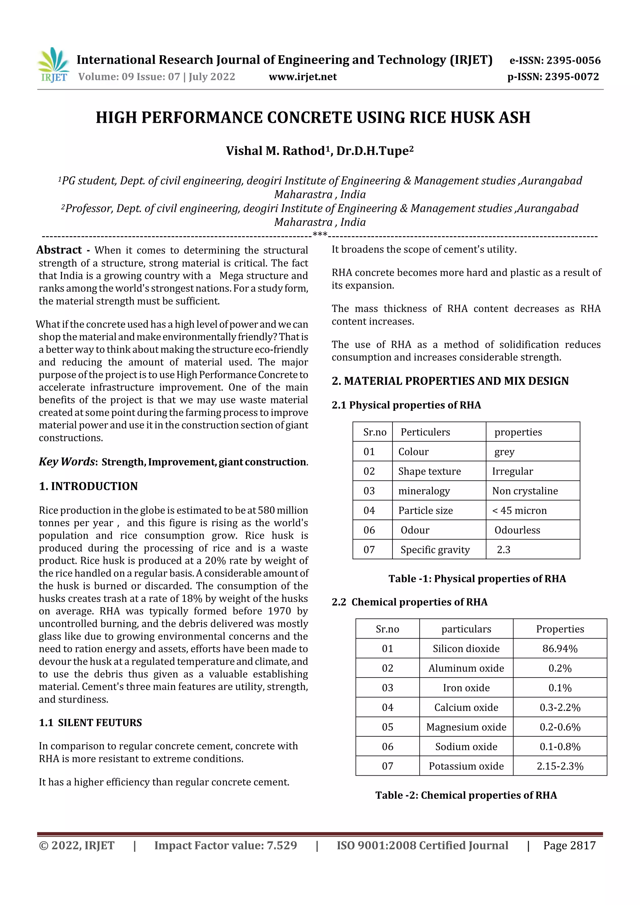HIGH PERFORMANCE CONCRETE USING RICE HUSK ASH | PDF