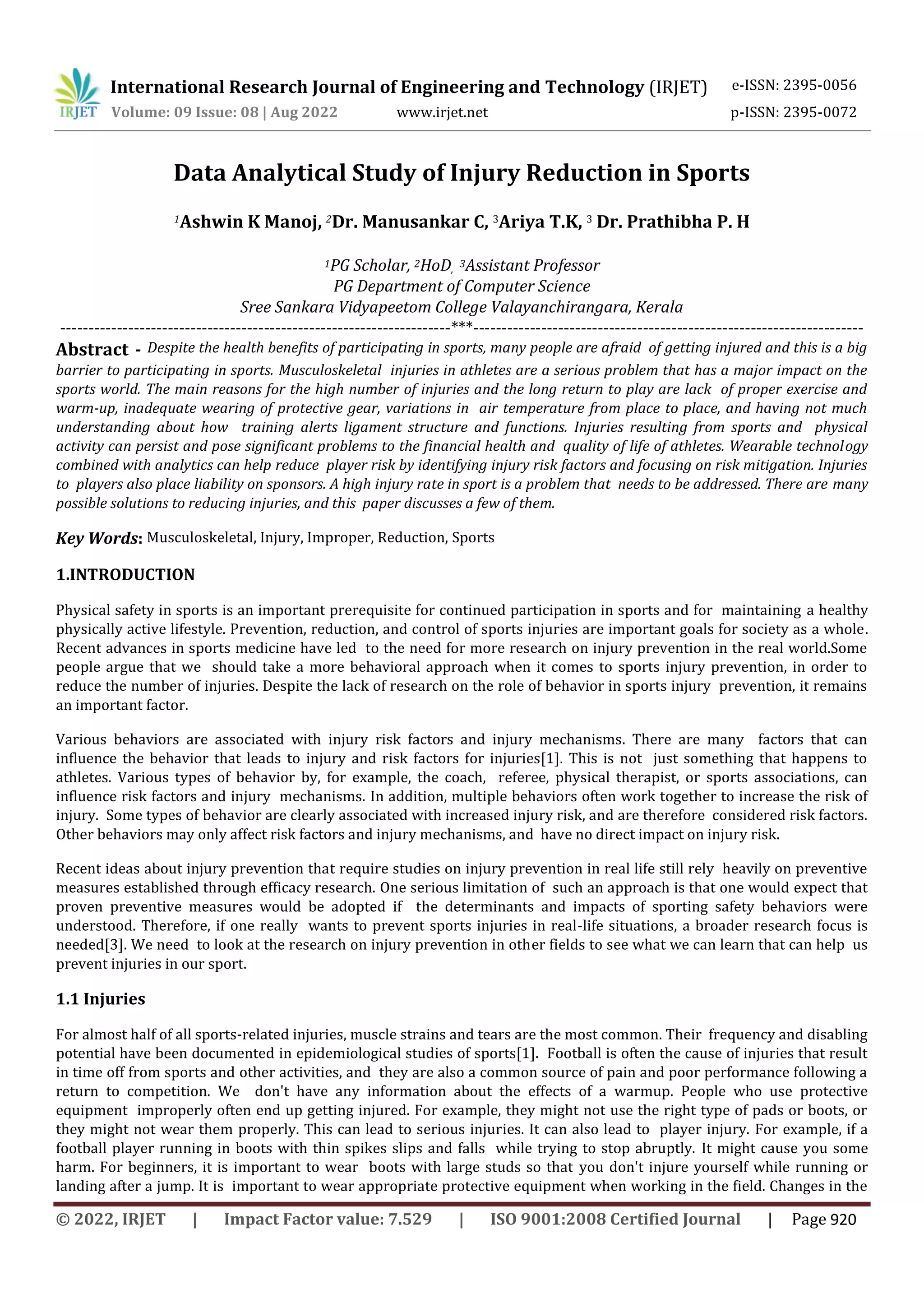 Data Analytical Study of Injury Reduction in Sports | PDF