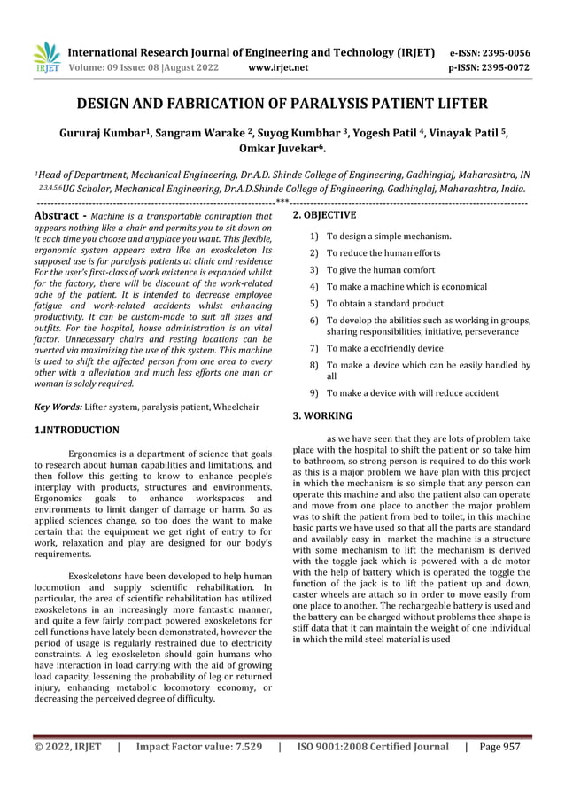 DESIGN AND FABRICATION OF PARALYSIS PATIENT LIFTER | PDF