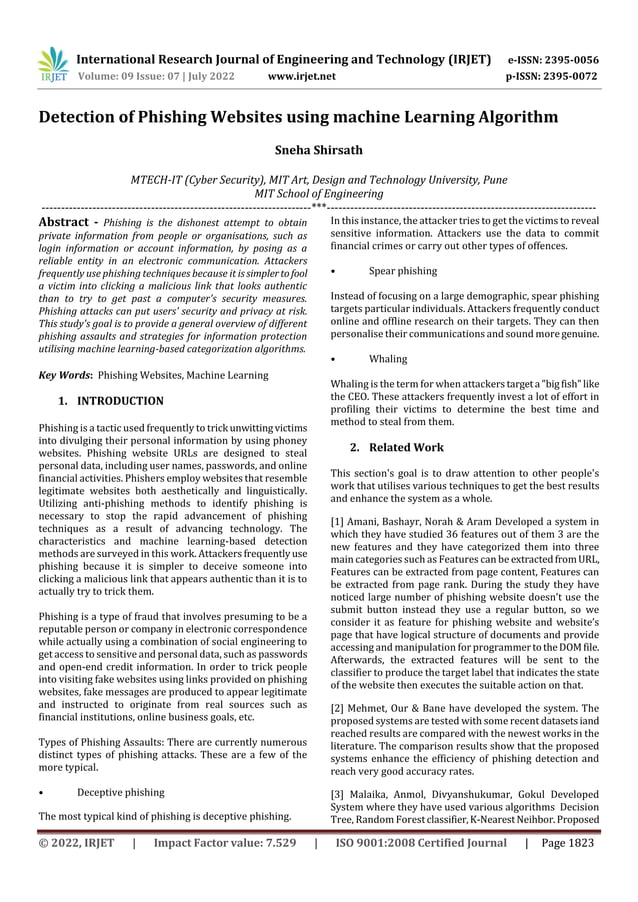 Detection of Phishing Websites using machine Learning Algorithm | PDF