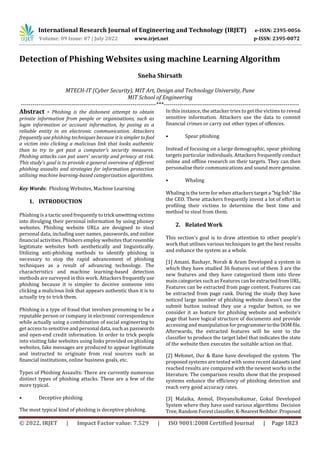 Detection of Phishing Websites using machine Learning Algorithm | PDF