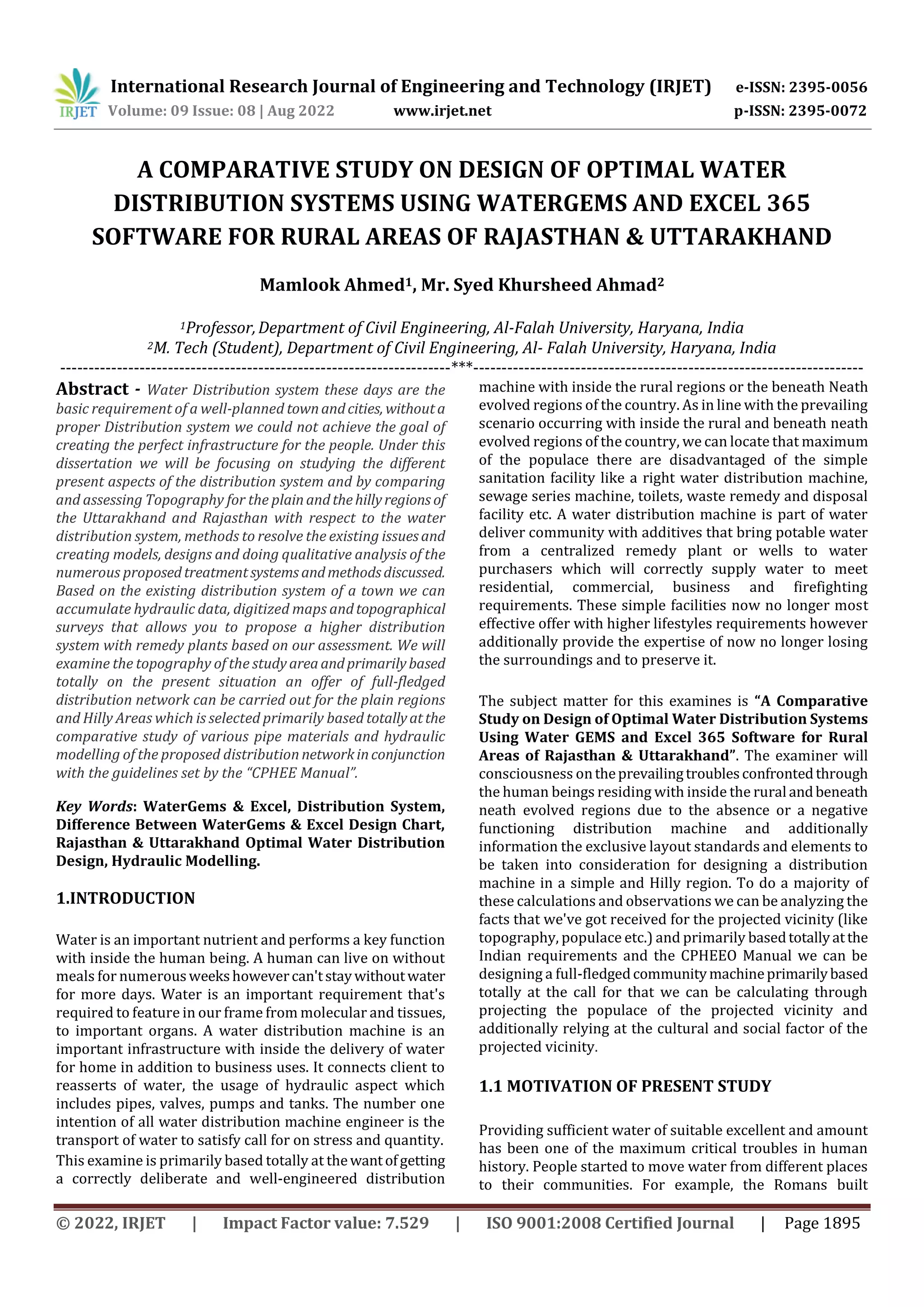 A COMPARATIVE STUDY ON DESIGN OF OPTIMAL WATER DISTRIBUTION SYSTEMS ...