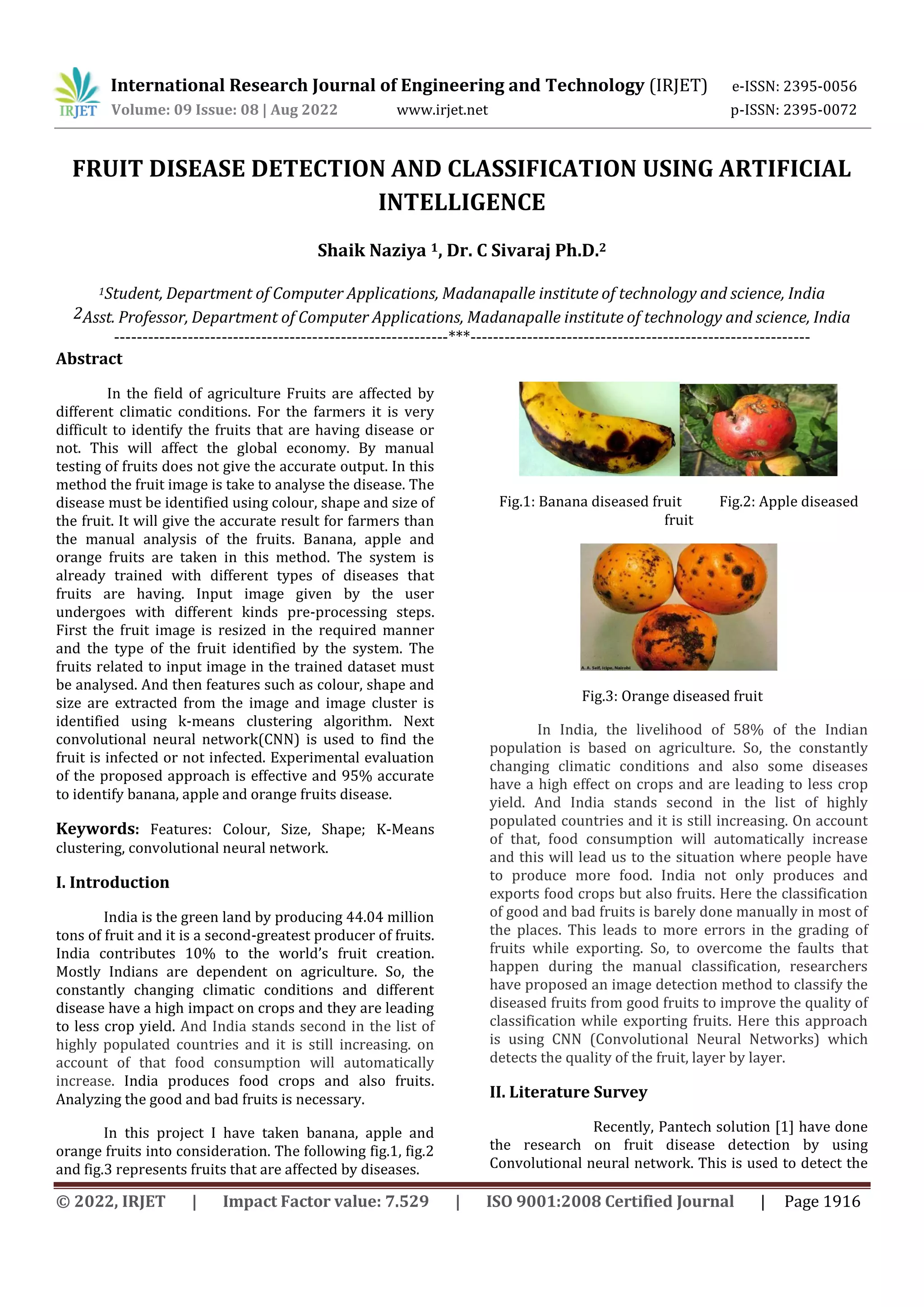FRUIT DISEASE DETECTION AND CLASSIFICATION USING ARTIFICIAL ...